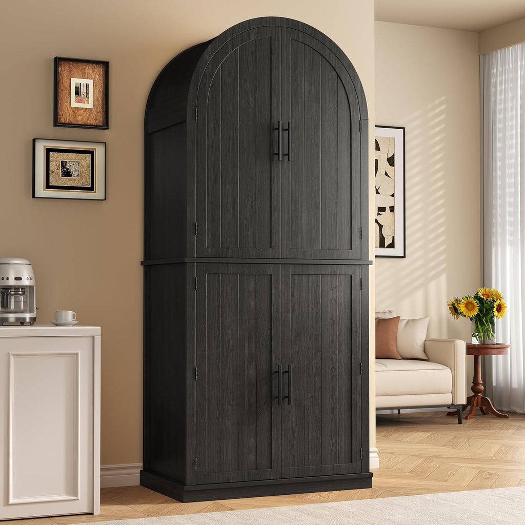 iPormis 71" tall arched cabinet with doors, showcasing 6-tier shelves and an adjustable drawer in a farmhouse style.