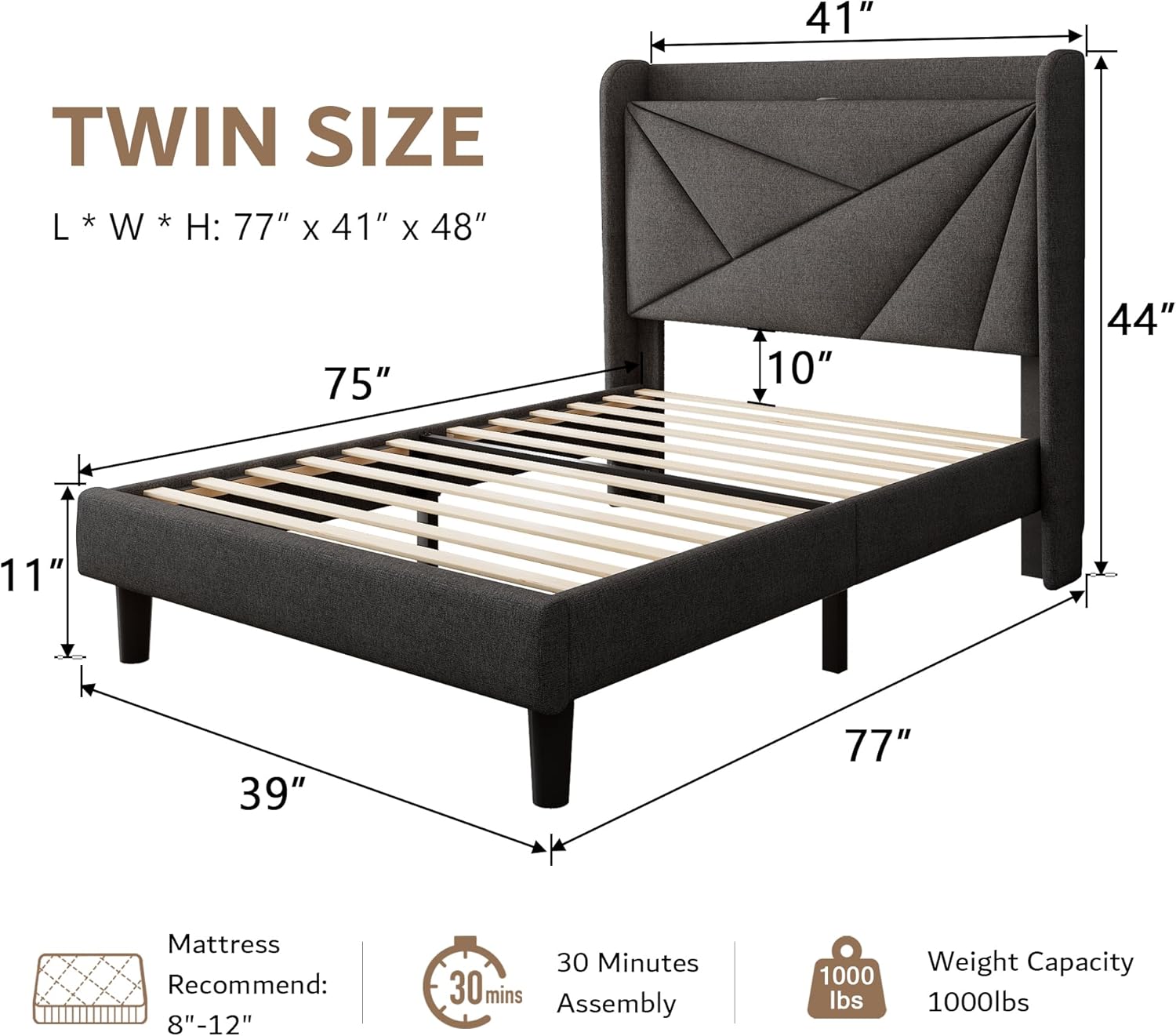 iPormis Twin Size Bed Frame with Charging Station, Linen Platform Bed Frame with Wingback Upholstered Headboard, Solid Wood Slats Support, No Box Spring Needed, Easy Assembly, Dark Grey
