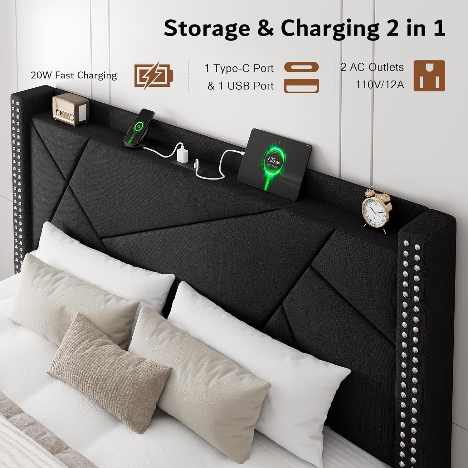 iPormis Full Size Bed Frame with 4 Storage Drawers, Upholstered Headboard Bed with Charging Station, Solid Wooden Slats Support, Easy Assembly, Black