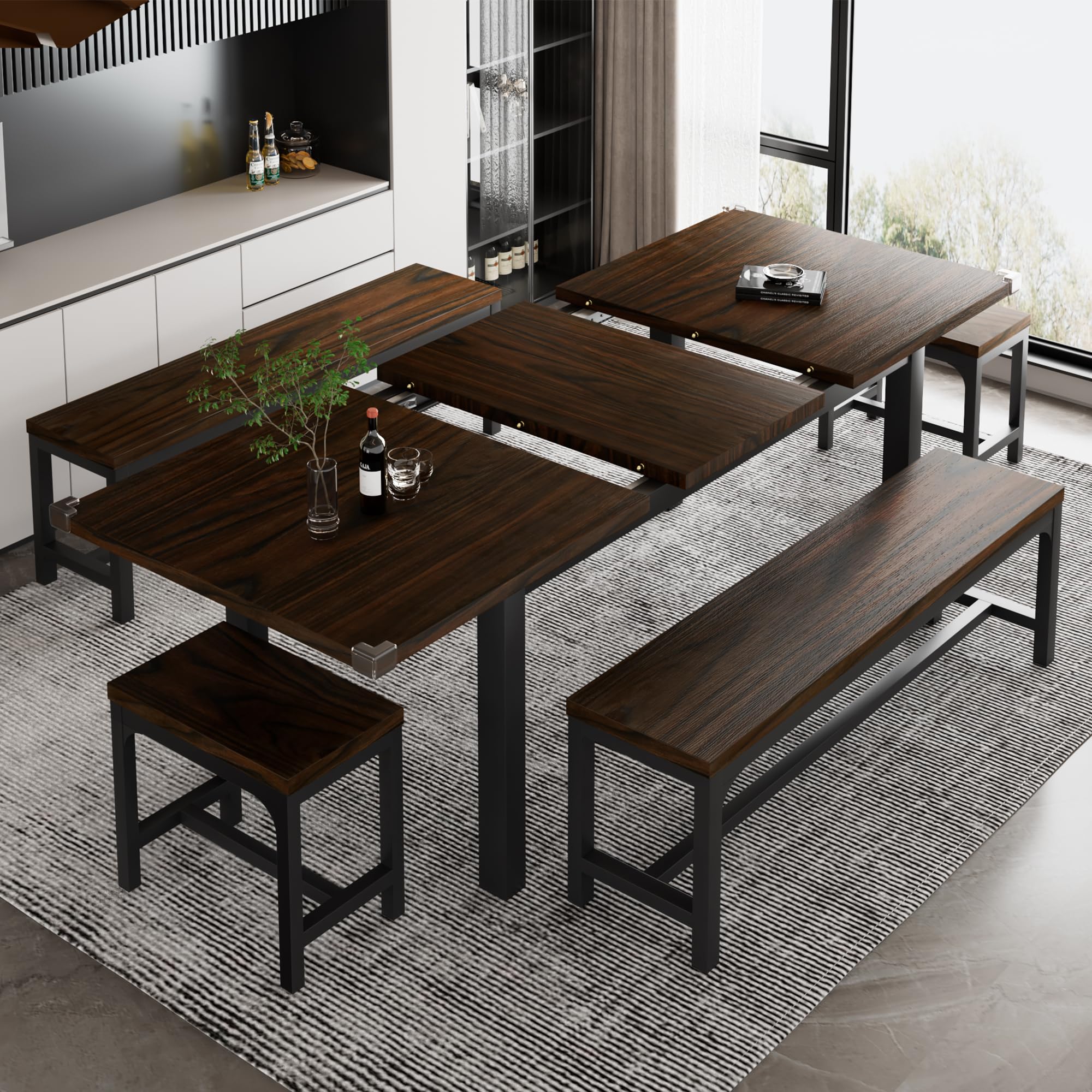 iPormis 7-piece dining table set featuring a 63" extendable table and six stools in a modern kitchen setting.