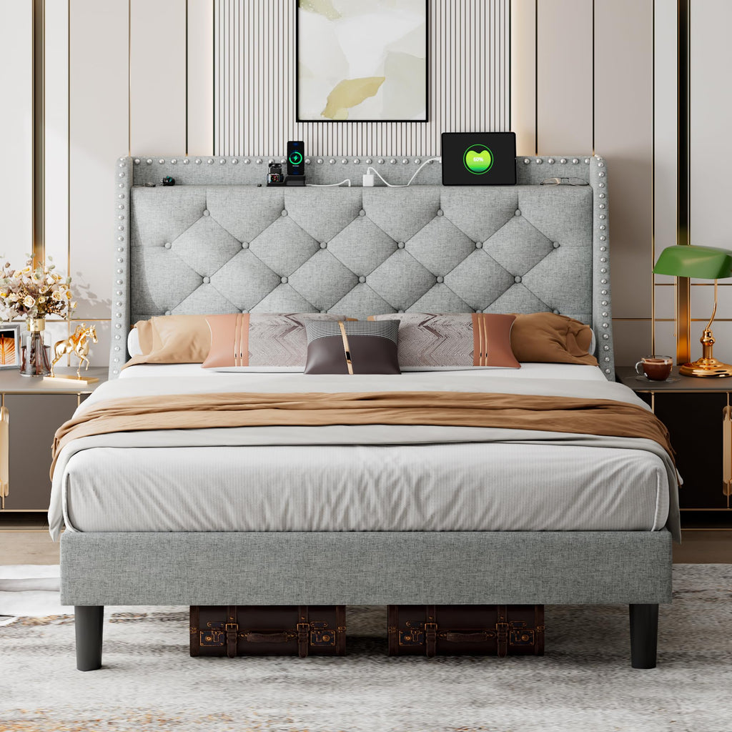 iPormis Queen Bed Frame with 16" Comfort Wingback & Charging Station,Upholstered Platform Bed with Button Tufted Storage Headboard, Solid Wood Slats Support, No Box Spring Needed, Black