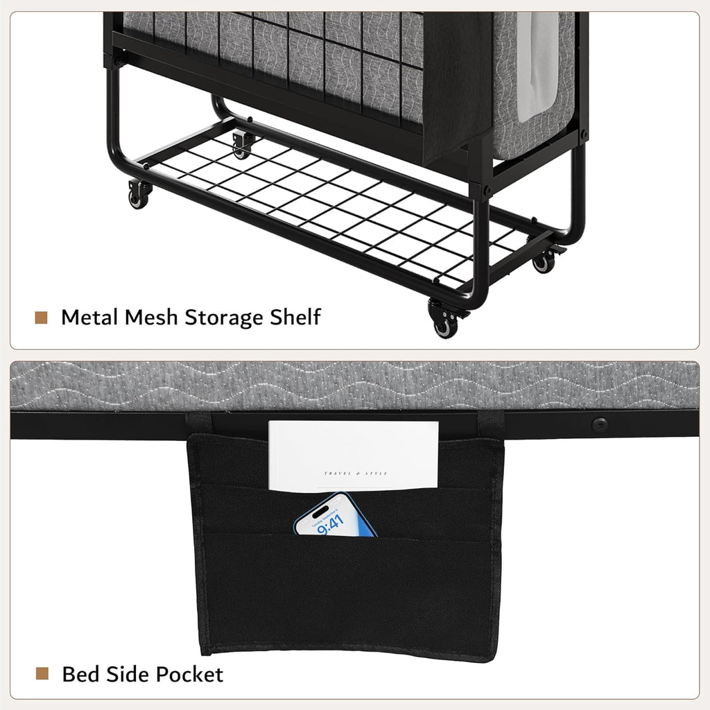 iPormis Folding Bed with Mattress, 76" x 38" Twin Foldable Bed with Side Pocket & Storage Shelf, Portable Rollaway Beds for Adults, Folded Up Beds w/Sturdy Metal Frame for Guest, Space Saving