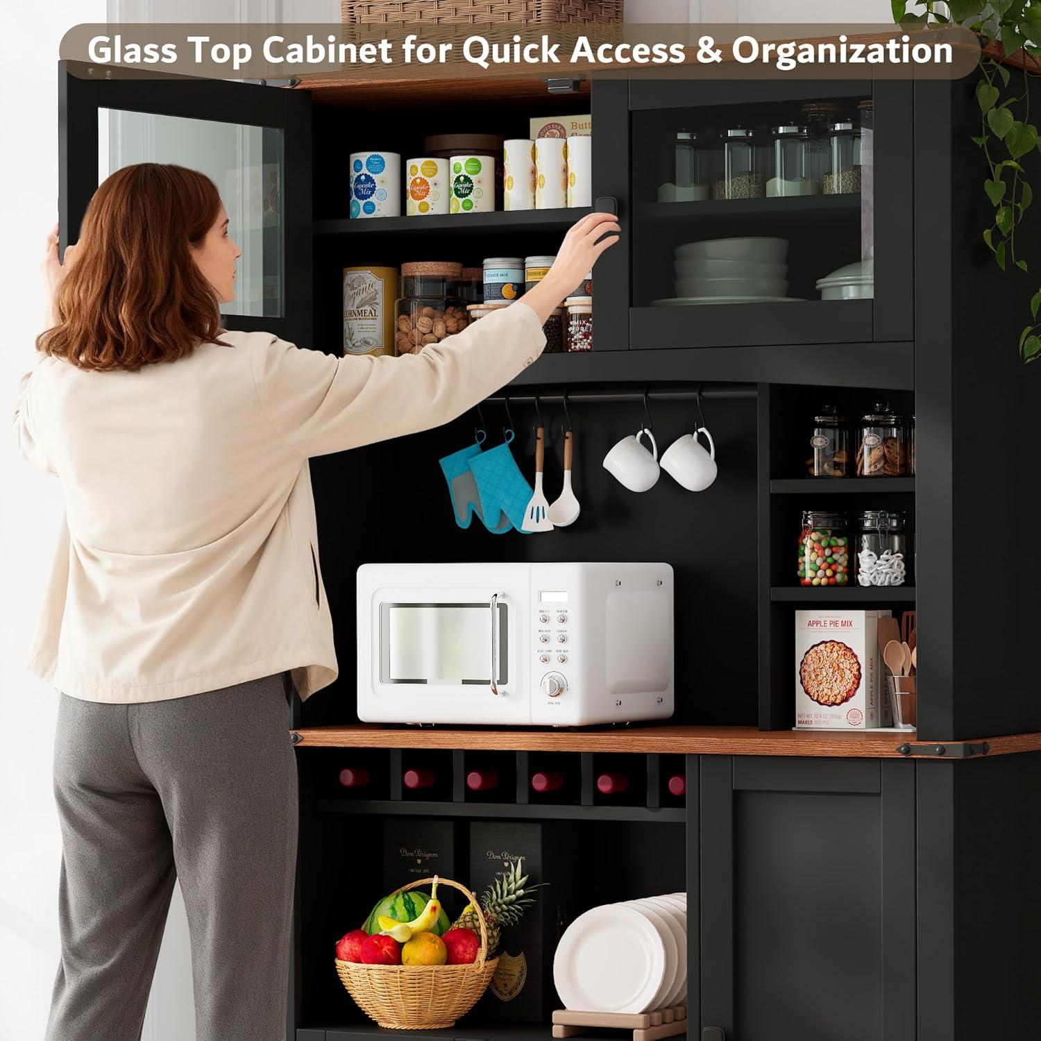 71" Tall Kitchen Pantry Storage Cabinet with Microwave Stand and Wine Rack, Farmhouse Kitchen Hutch with Adjustable Shelves and Glass Door, Coffee Bar Hutch with Charge Station and Countertop, Black