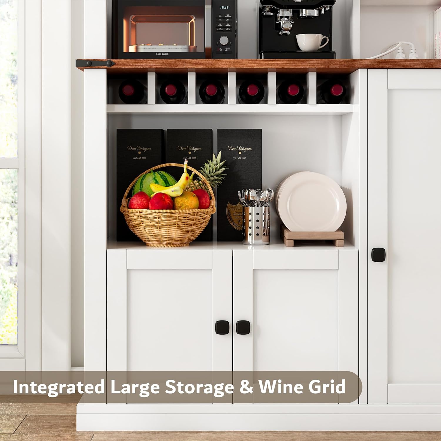 71" Ipromis kitchen pantry cabinet with microwave stand, wine rack, glass doors, and adjustable shelves in farmhouse style.