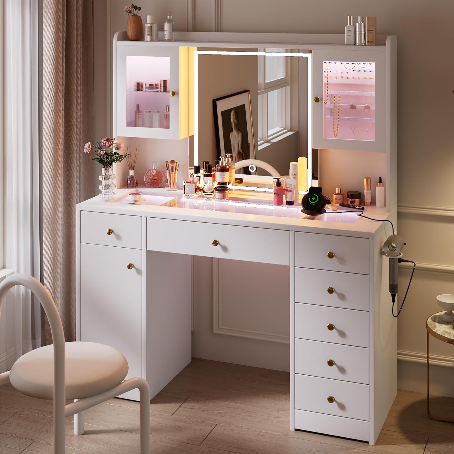 iPormis Vanity Desk with Mirror and Lights, Glass Top Makeup Vanity with RGB Light and Power Outlet, Dressing Table Mirror with 3 Lighting Colors, 7 Drawers, 3 Cabinets, White Vanity for Bedroom