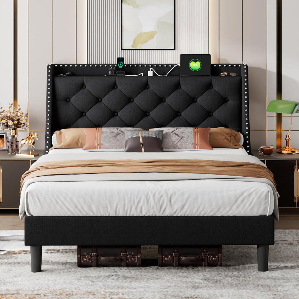 iPormis Full Bed Frame with 16" Comfort Wingback & Charging Station, Upholstered Platform Bed with Button Tufted Storage Headboard, Solid Wood Slats Support, No Box Spring Needed, Black