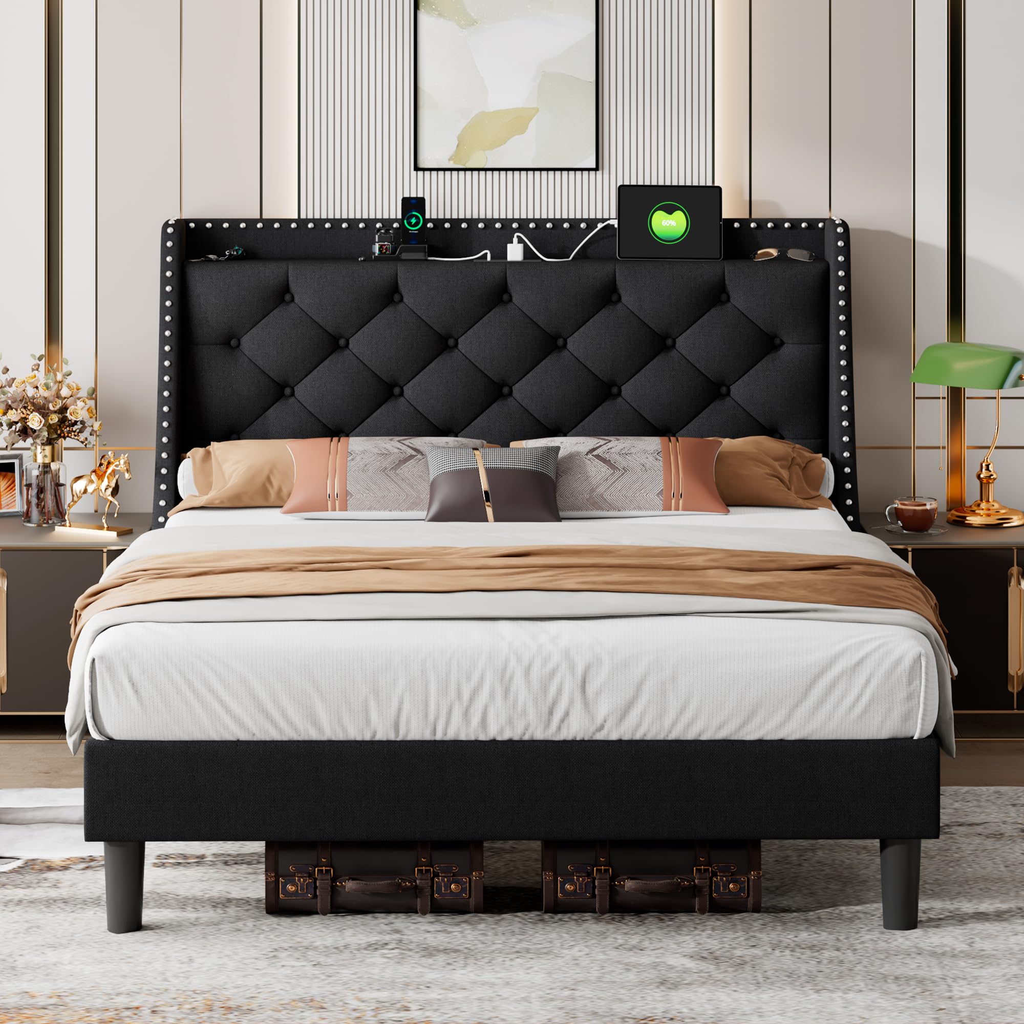 iPormis Queen Bed Frame with 16" Comfort Wingback & Charging Station, Upholstered Platform Bed with Button Tufted Storage Headboard, Solid Wood Slats Support, No Box Spring Needed, Dark Grey