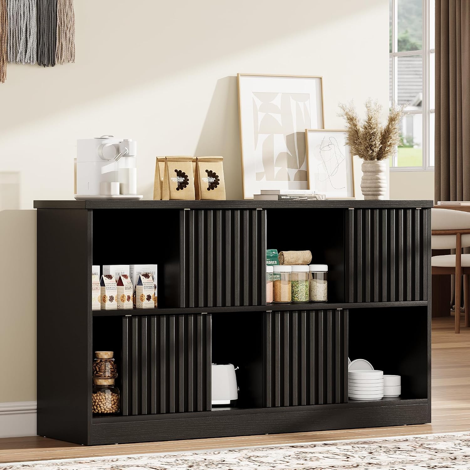 iPormis 8 Cube Bookshelf with Sliding Doors, Wooden Bookcase Storage Cabinet, Freestanding Cube Shelf Organizer for Books Decor in Living Room Bedroom Office, Black