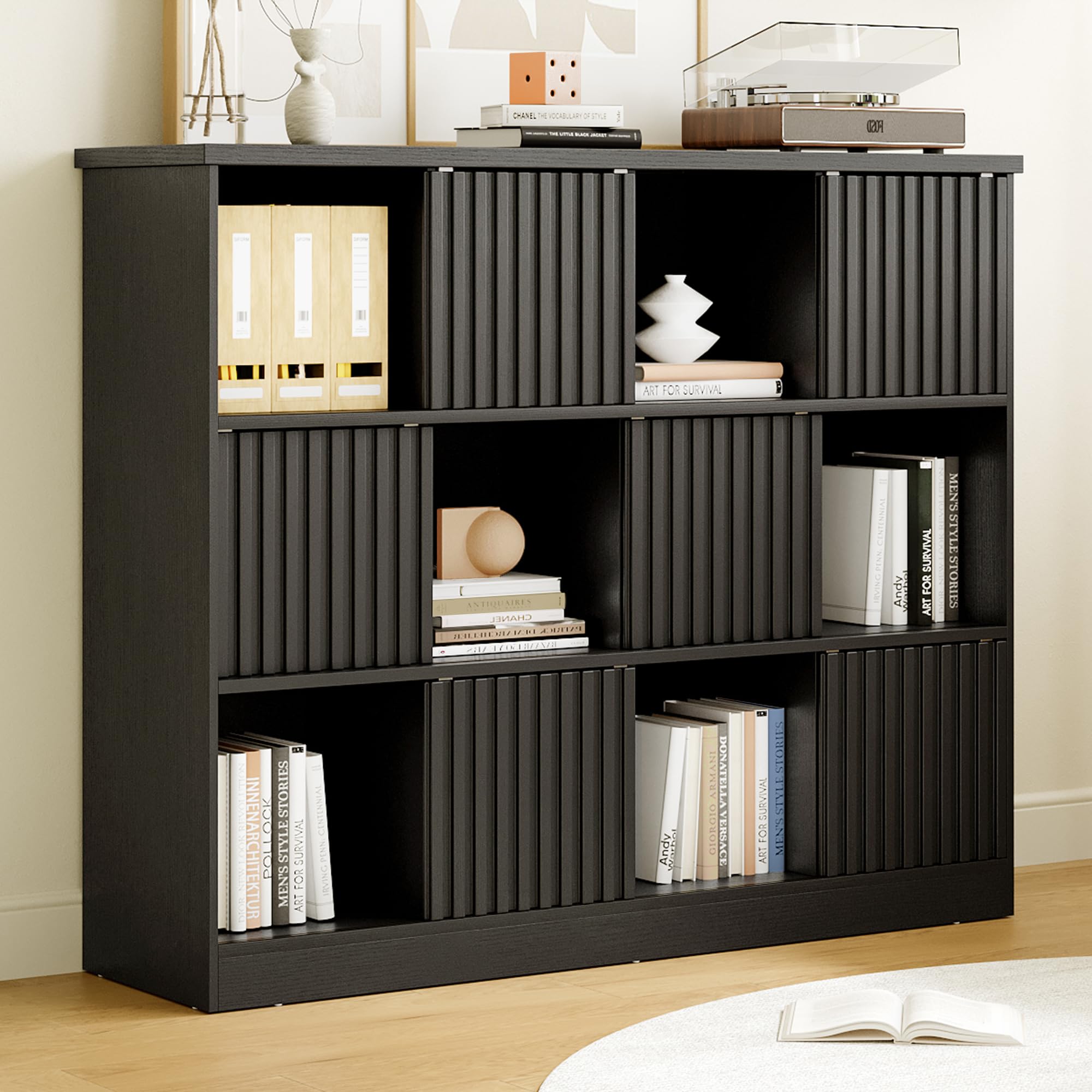 iPormis 12 cube storage organizer in oak with 6 fluted sliding doors, showcasing stylish and functional bookcase design.