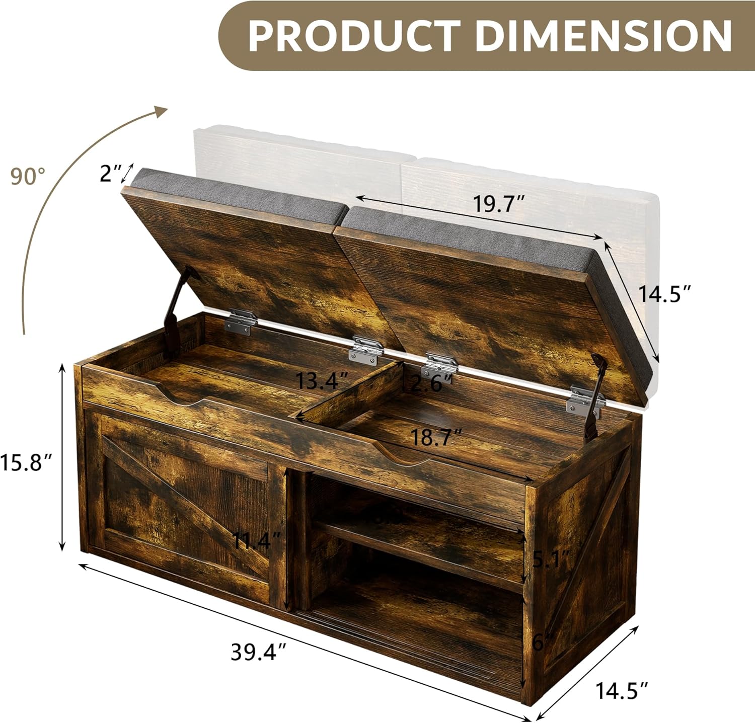 iPormis Shoe Storage Bench,40" Wide 2-Tier Shoe Bench with Padded Seat Cushion and Lift Top Storage,Entryway Bench with Adjustable Shelf,Wooden End of Bed Bench,Rustic Brown