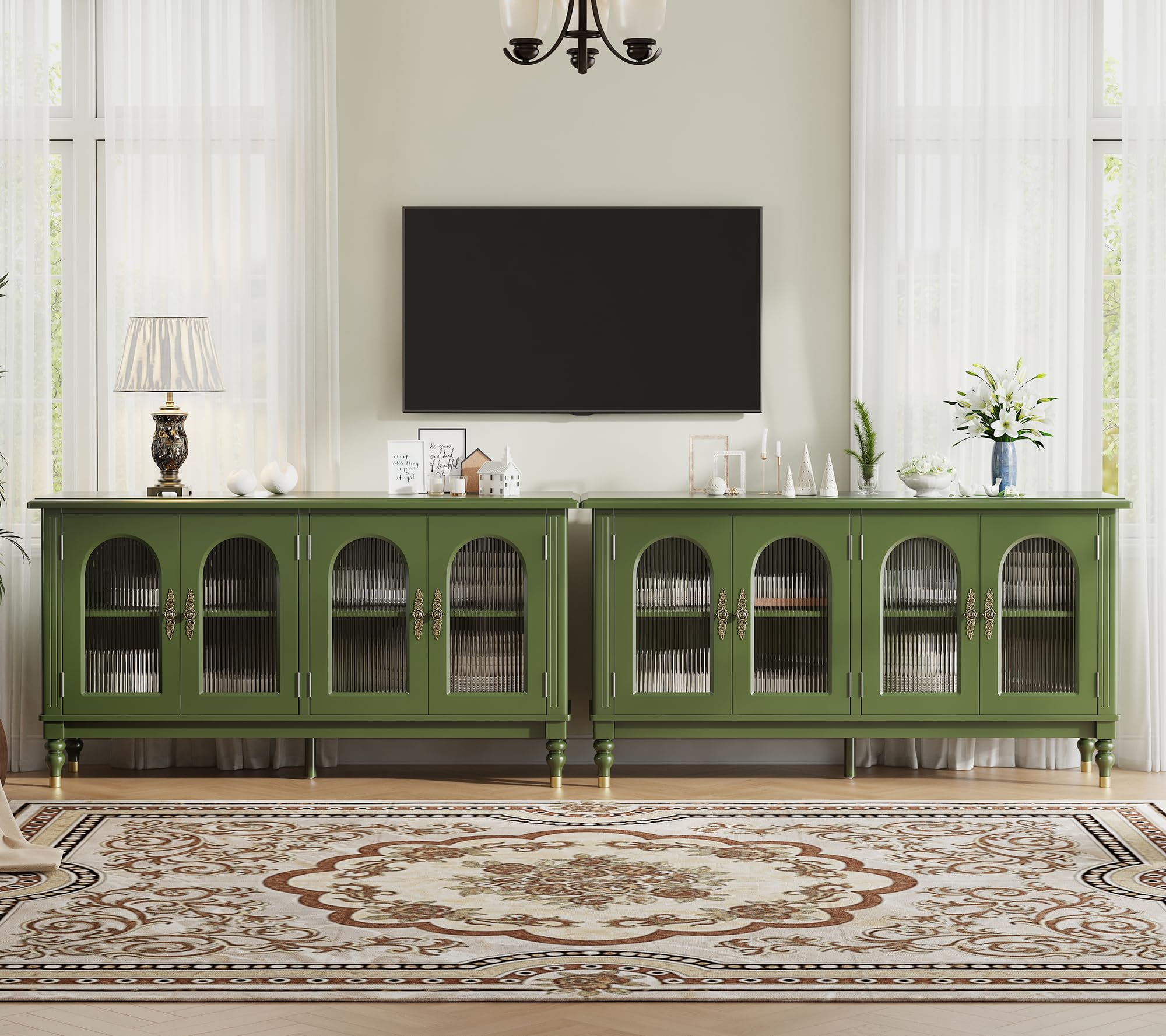 iPormis Fluted Arched Buffet Cabinet with Storage, 59" Modern Sideboard with Glass Door & Adjustable Shelves, Mid Century Modern Solid Wood Credenza Accent Cabinet for Living Room, Entryway, Black