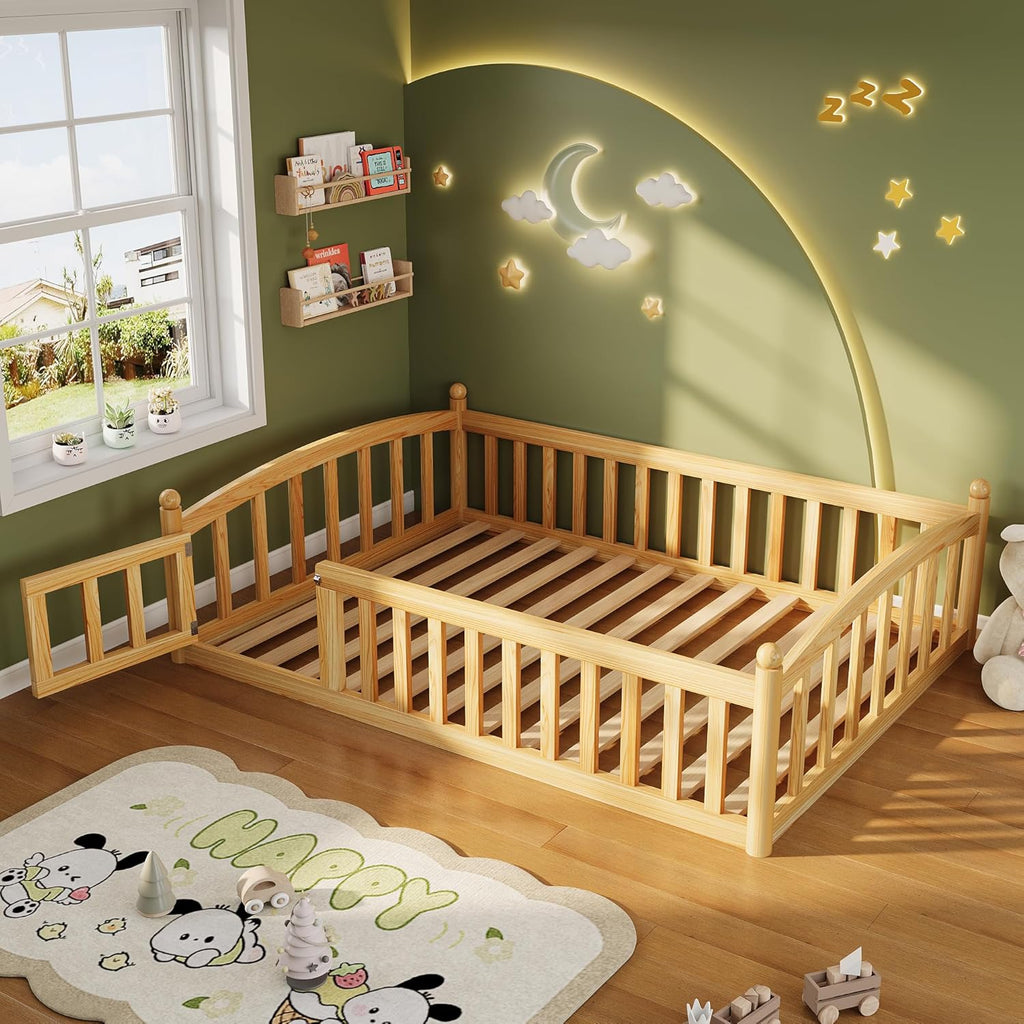iPormis Twin Floor Bed with High Rails, Montessori Bed Frame with Wood Slats and Door, Montessori Floor Bed Twin for Kids, Girls, Boys, Easy Assembly, Natural