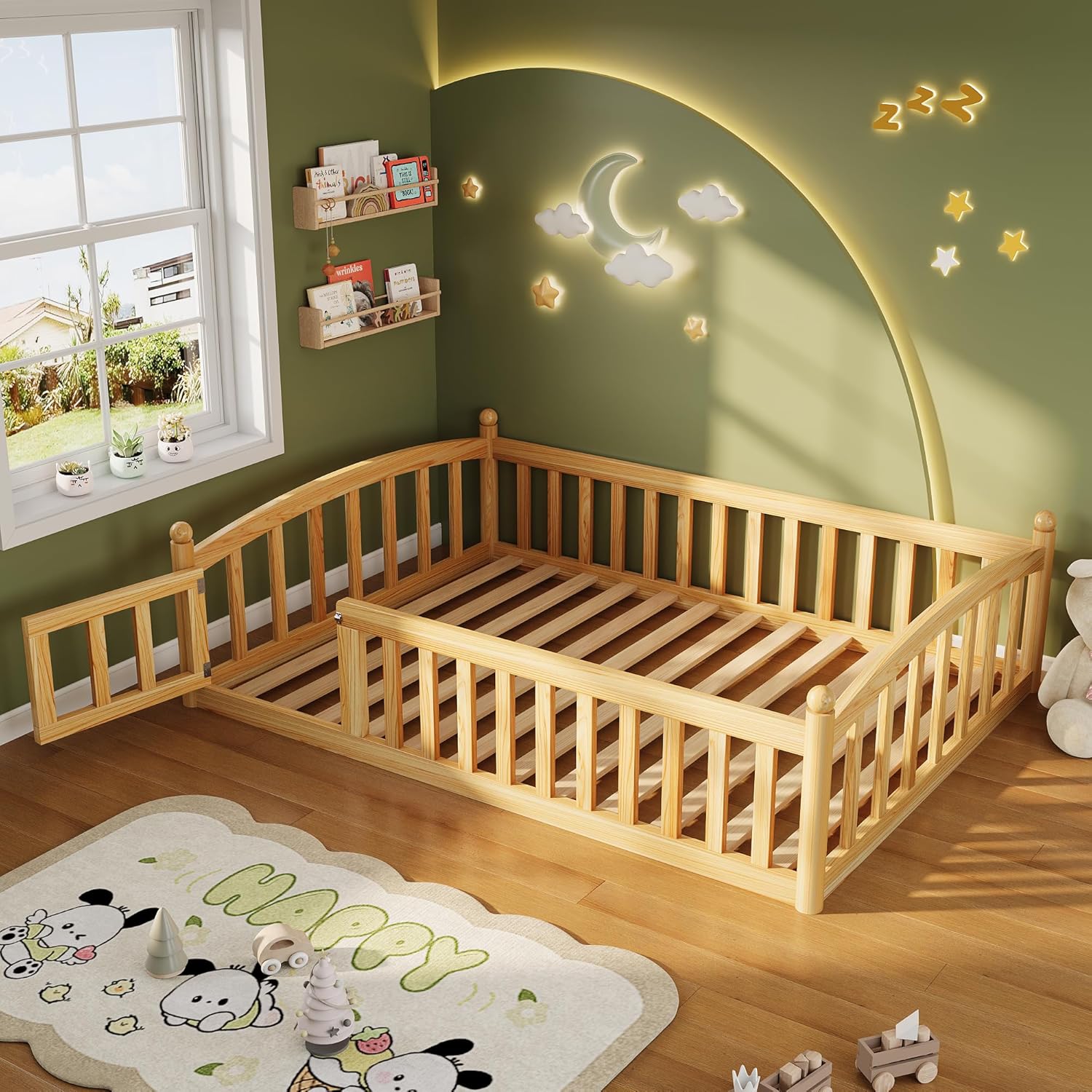 iPormis Twin Floor Bed with High Rails, Montessori Bed Frame with Wood Slats and Door, Montessori Floor Bed Twin for Kids, Girls, Boys, Easy Assembly, Natural