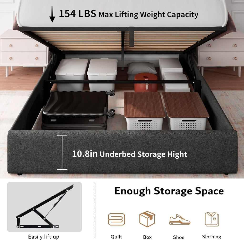 iPormis Queen Size Lift Up Storage Bed Frame with Charging Station, Upholstered Platform Bed Frame with Tufted Headboard, Hydraulic Storage, No Box Spring Needed, Noise-Free, Easy Assembly, Dark Grey