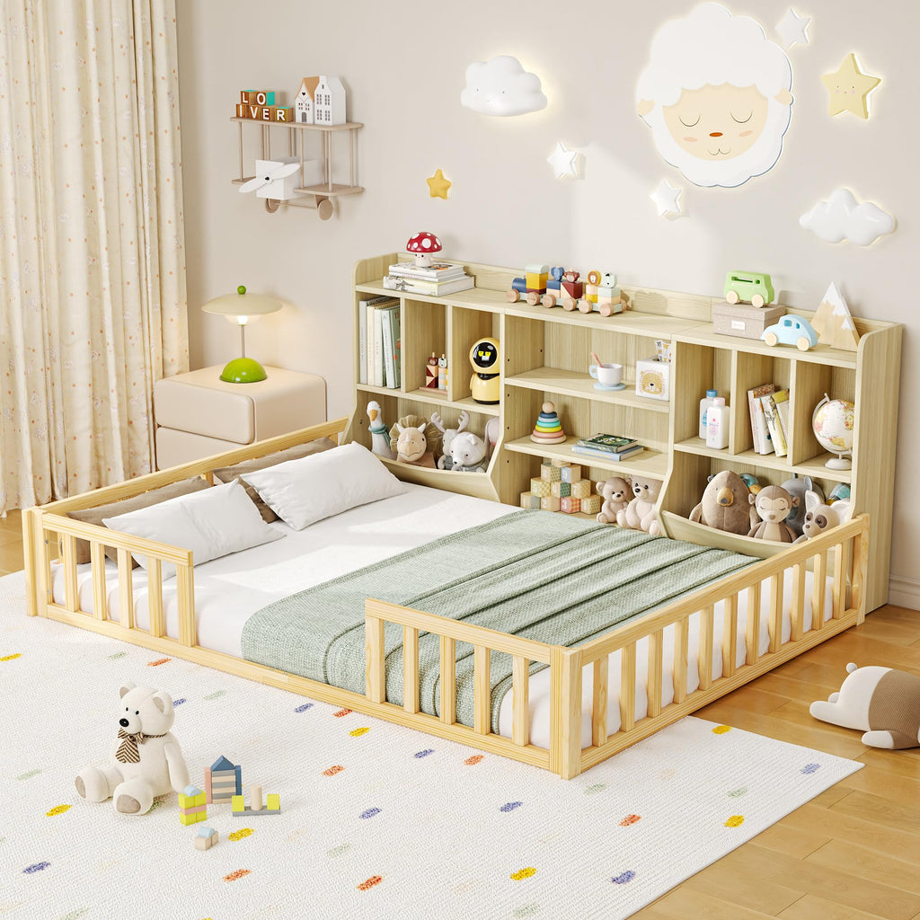 iPormis Twin Floor Bed with High Rails, Montessori Bed Frame with Wood Slats and Door, Montessori Floor Bed Twin for Kids, Girls, Boys, Easy Assembly, Natural
