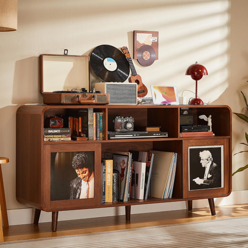 iPormis 56.1" Large Record Player Stand, Record Storage Cabinet with Charging Station, Mid Century Vinyl Player Stand, Adjustable Shelf, Media Cabinet with Sliding Doors for Music&Living Room, Walnut
