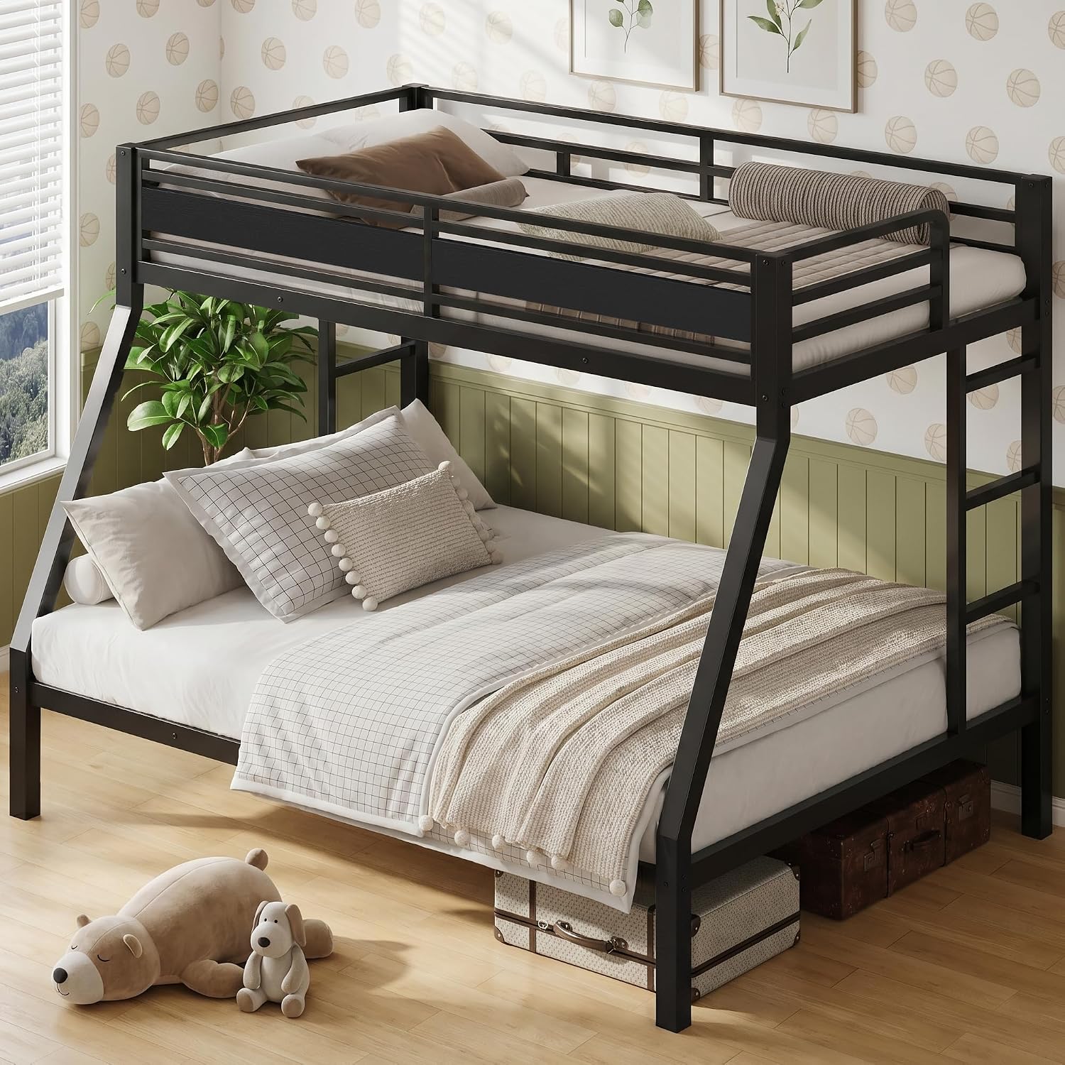 iPormis Heavy Duty Twin Over Full Bunk Beds, Metal Twin Bunk Bed Frame with 12.8" Guardrails, Loft Bed Frame for Kids and Teens, Reversible Ladder, Under Bed Storage Space, No Box Spring Needed, Black