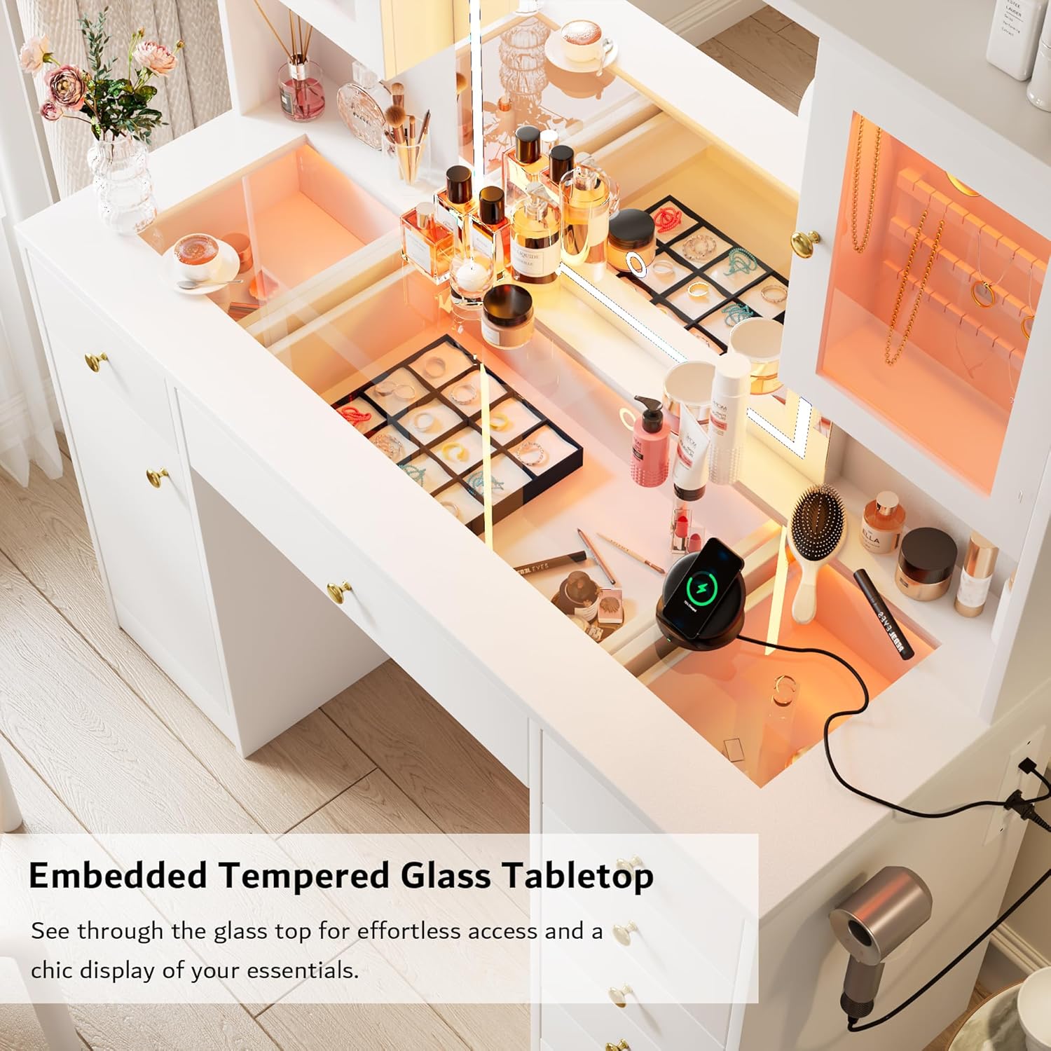 iPormis Vanity Desk with Mirror and Lights, Glass Top Makeup Vanity with RGB Light and Power Outlet, Dressing Table Mirror with 3 Lighting Colors, 7 Drawers, 3 Cabinets, White Vanity for Bedroom