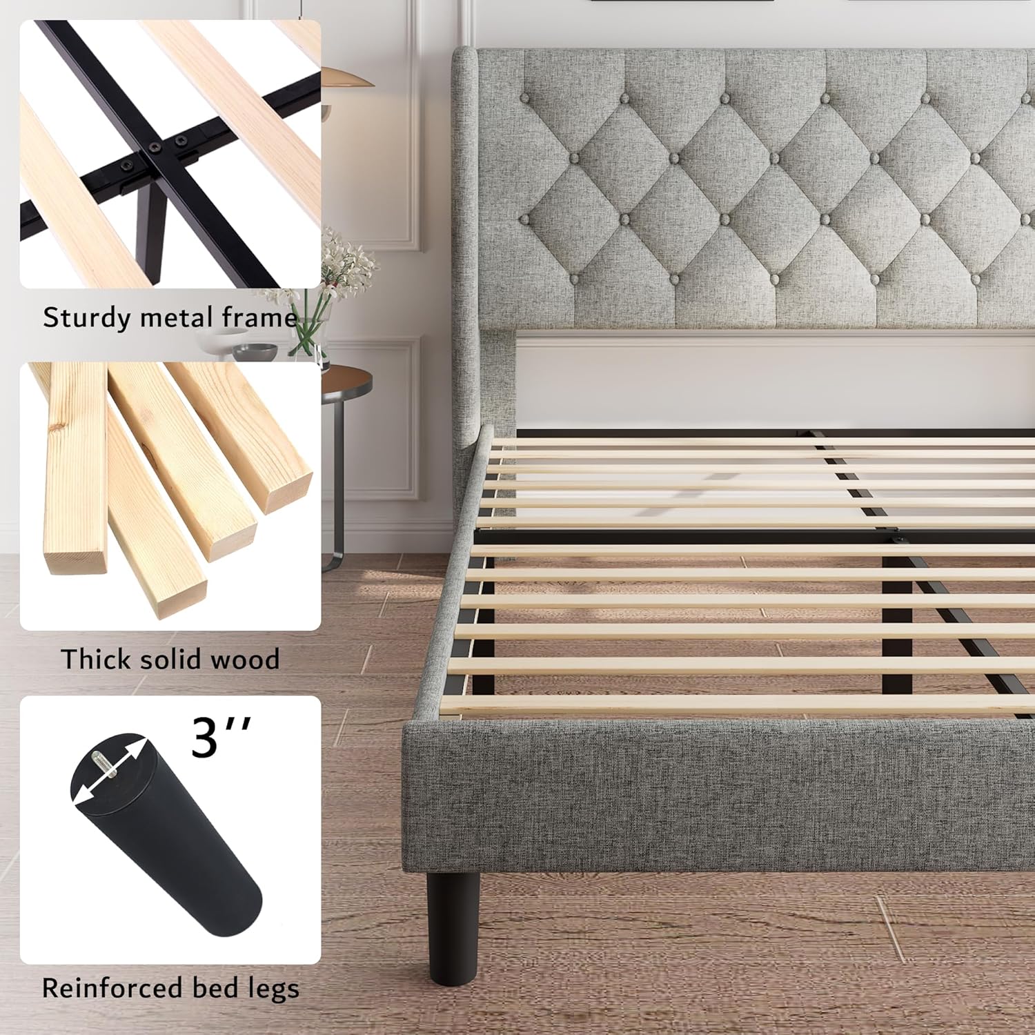 iPormis Queen Size Platform Bed Frame with Button Tufted Headboard, Upholstered Bed Frame with Solid Wooden Slats, 8" Underbed Space, No Box Spring Needed, Noise Free, Easy Assembly, Light Gray