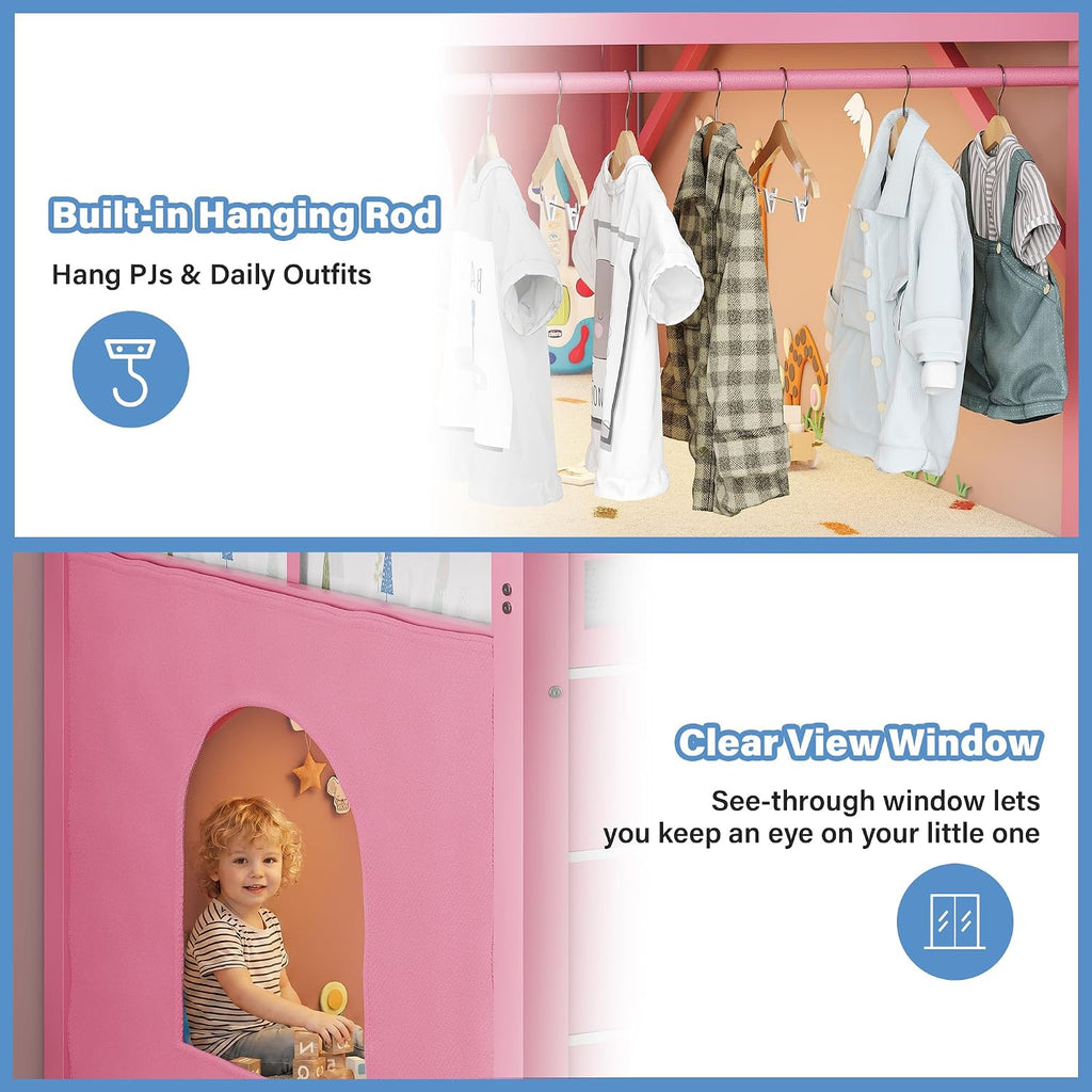 iPormis Low Loft Bed Twin Size with Bookcase, 8 Storage Drawers, Metal Kids Loft Bed with 13 Inch H Safety Guardrail, Play Curtain, Under-Bed Play Space - Pink