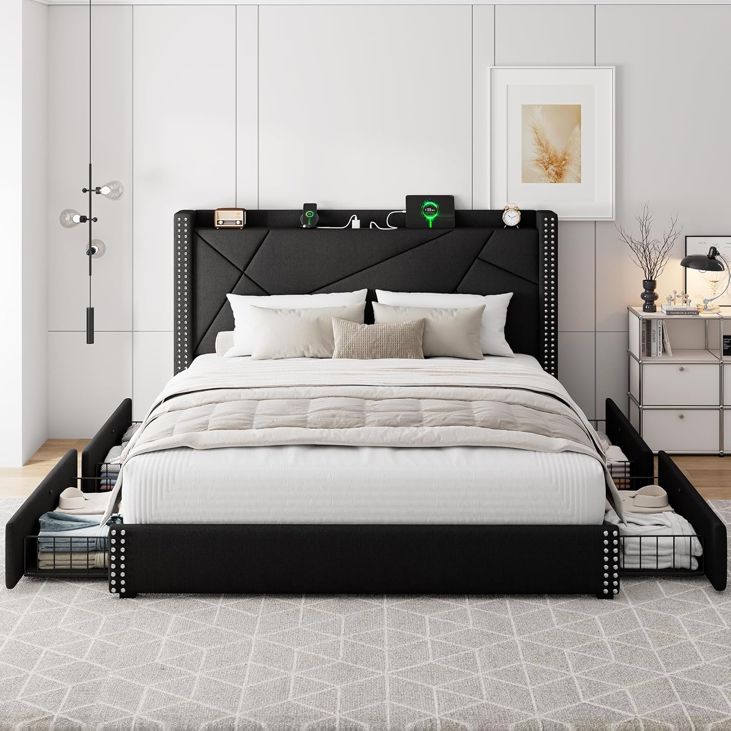 iPormis Full Size Bed Frame with 4 Storage Drawers, Upholstered Headboard Bed with Charging Station, Solid Wooden Slats Support, Easy Assembly, Black