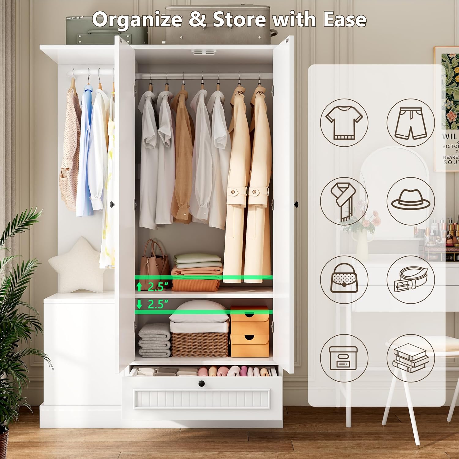 iPormis Armoire Wardrobe Closet with Mirror, Bedroom Armoires with 2 Doors, 1 Drawers and 3 Shelves, Large Clothing Storage Cabinet for Hanging Clothes, White