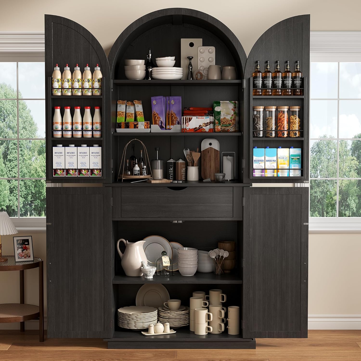 iPormis 71" tall arched cabinet with doors, adjustable shelves, and six-tier door shelves in a farmhouse style.