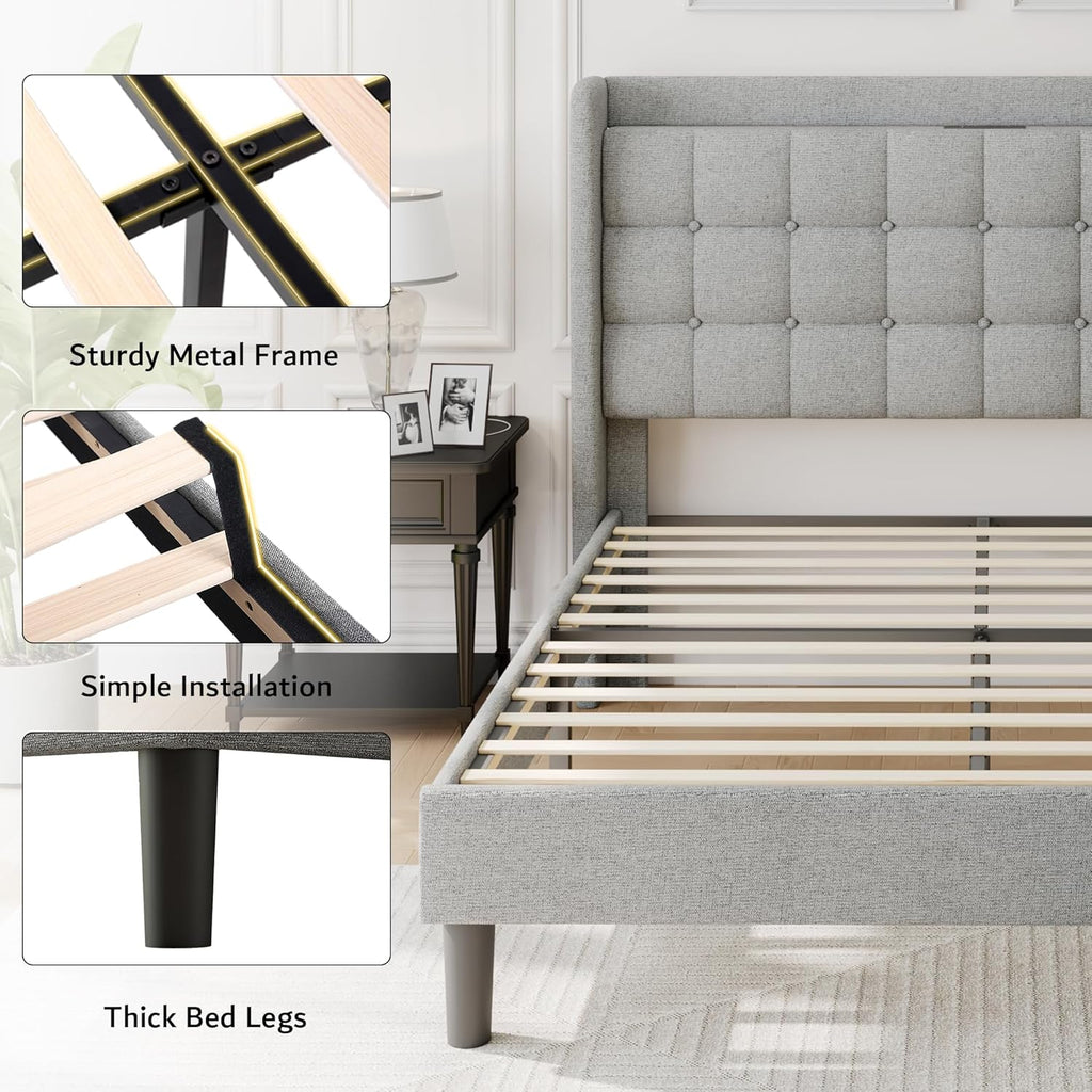 iPormis Queen Bed Frame with Charging & Storage, Upholstered Platform Bed with Button Tufted Wingback Headboard, Heavy-Duty Foundation, No Box Spring Needed, Light Grey
