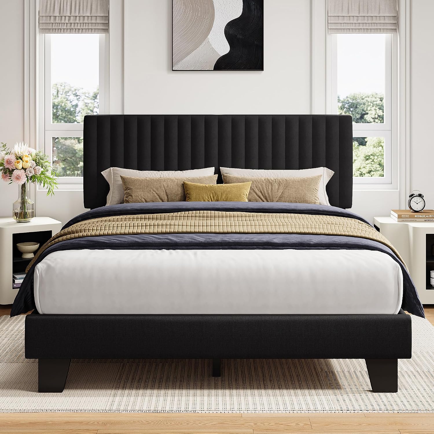 iPormis Full Size Bed Frame, Upholstered Platform Bed with Vertical Linen Headboard, Wide Bed Legs and Strong Wood Slats Support, No Box Spring Needed, Easy Assembly, Noise Free, Black