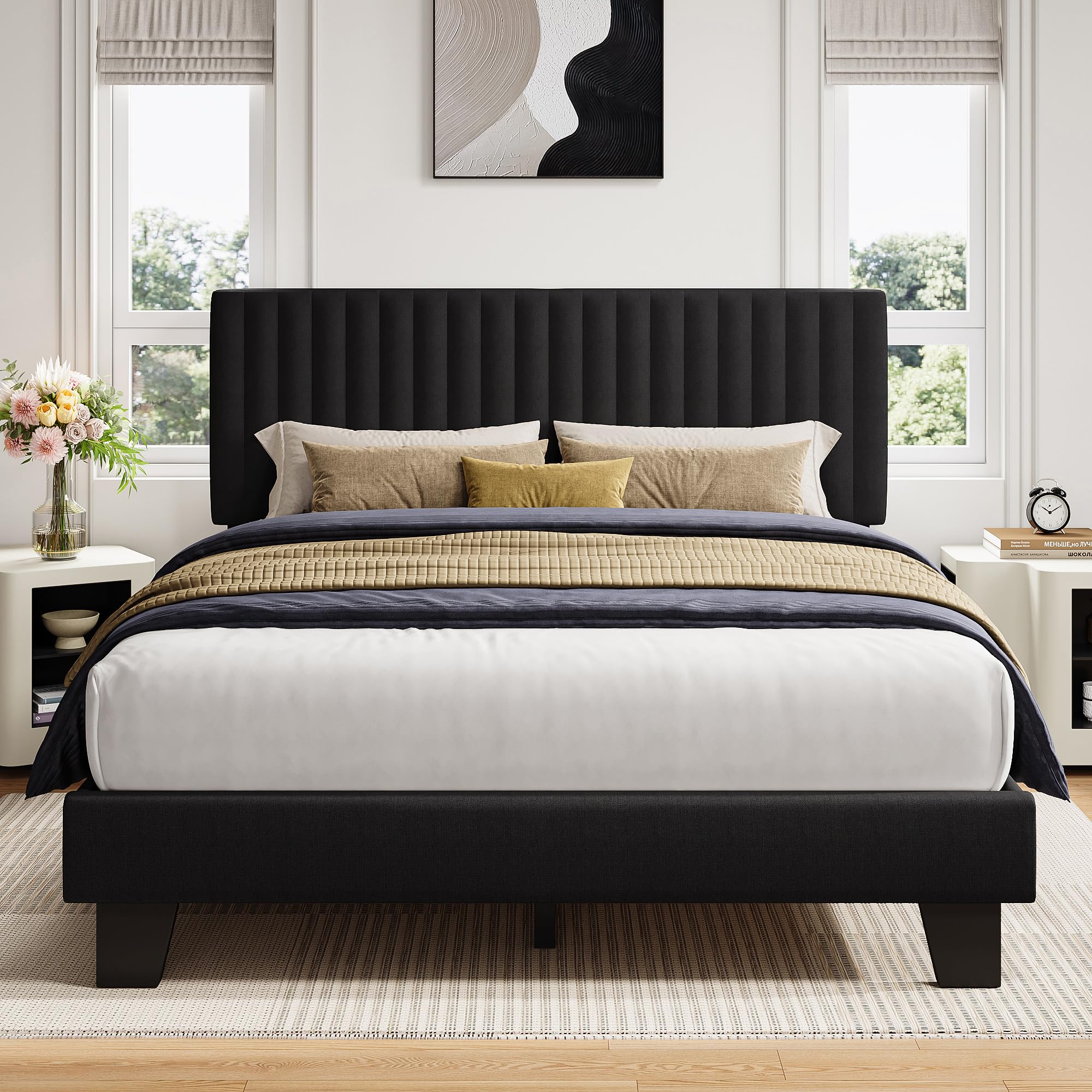 iPormis Queen Size Bed Frame, Upholstered Platform Bed with Vertical Linen Headboard, Wide Bed Legs and Strong Wood Slats Support, No Box Spring Needed, Easy Assembly, Noise Free, Beige