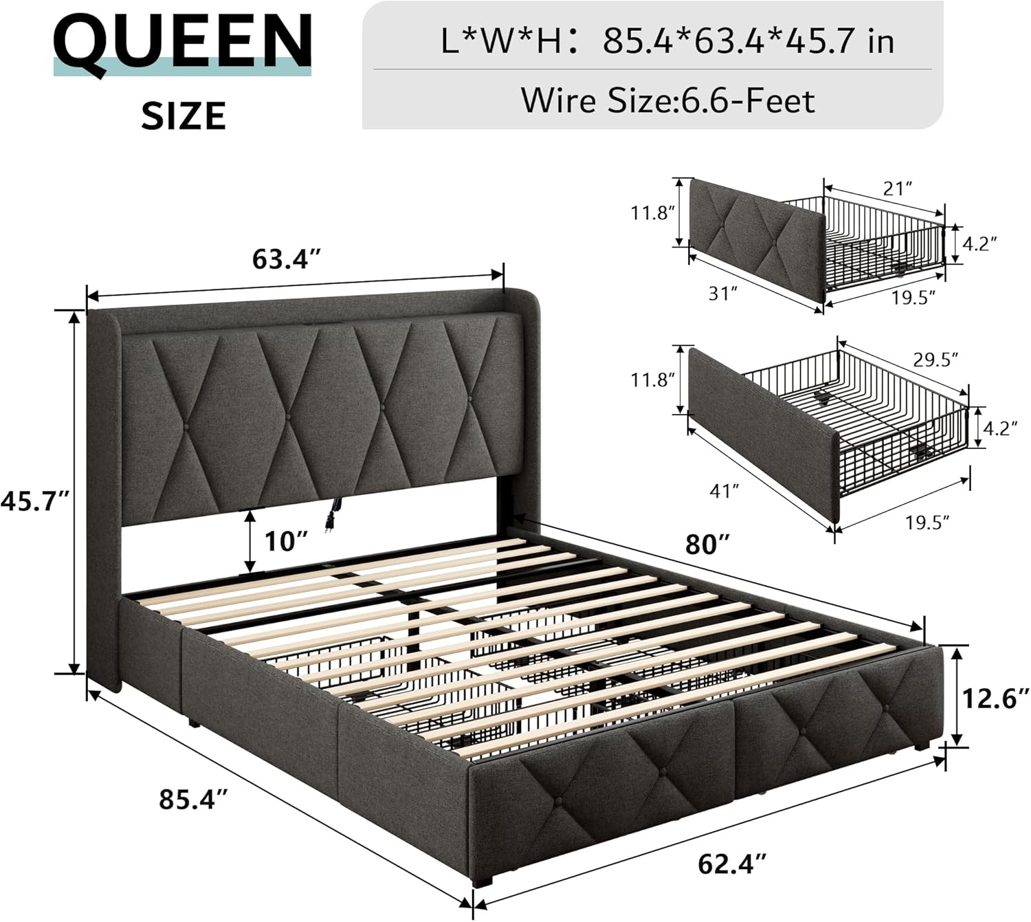 iPormis Queen Bed Frame with 4 Storage Drawers, Upholstered Platform Bed Frame with Charging Station, Modern Wingback Storage Headboard, Easy Assembly, Dark Grey