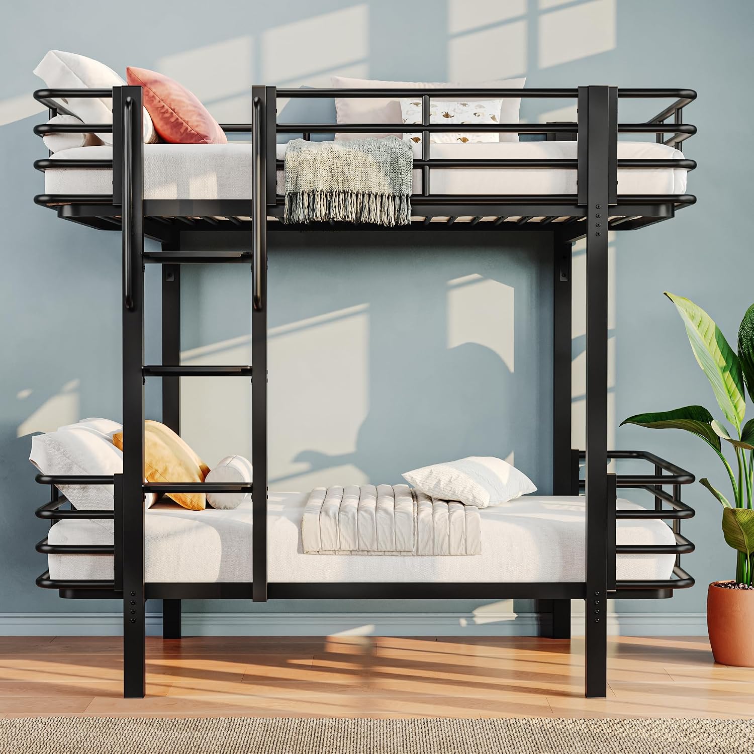 iPormis Metal Bunk Bed Twin Over Twin, Heavy Duty Bunk with High Guardrail and Ladder with Built-in Handrails & Wide Steps, Under-Bed Storage Space, Easy Assembly, Noise Free, Black