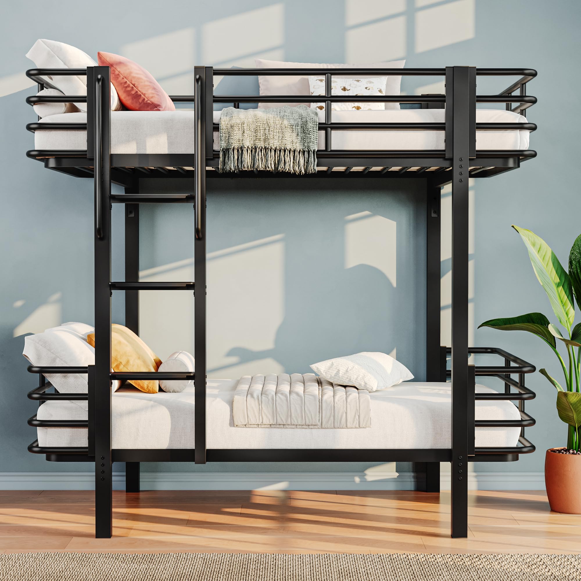 iPormis Metal Bunk Bed Twin Over Twin, Heavy Duty Bunk with High Guardrail and Safety Entrance Design, Under-Bed Storage Space, Easy Assembly, Noise Free, Black