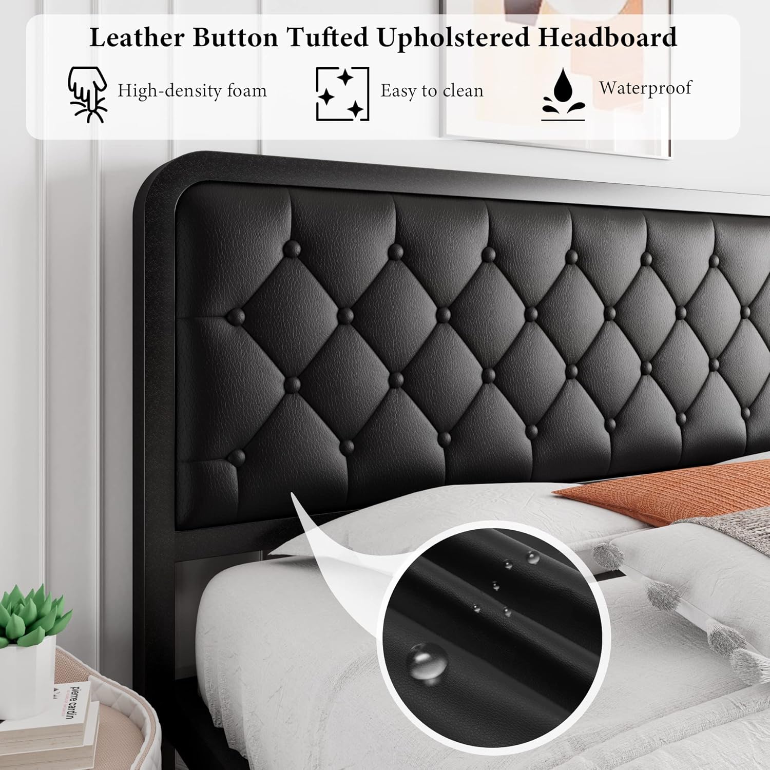 iPormis Queen Bed Frame with Headboard Faux Leather Upholstered Bed Frame Platform, All Metal Slats Support Platform Bed Frame with 12" Under Bed Space, Noise Free, No Box Spring Needed, Black