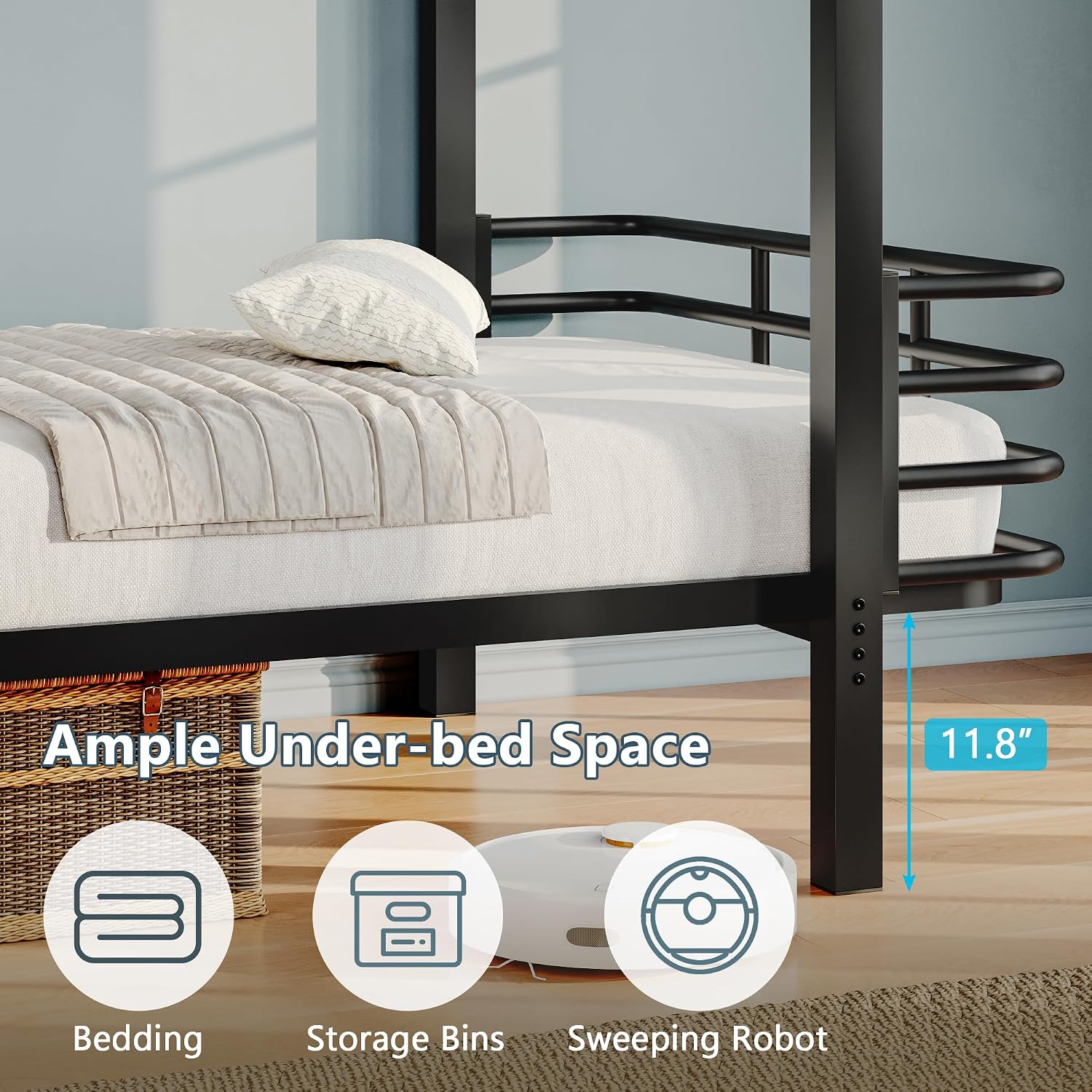iPormis Metal Bunk Bed Twin Over Twin, Heavy Duty Bunk with High Guardrail and Ladder with Built-in Handrails & Wide Steps, Under-Bed Storage Space, Easy Assembly, Noise Free, Black