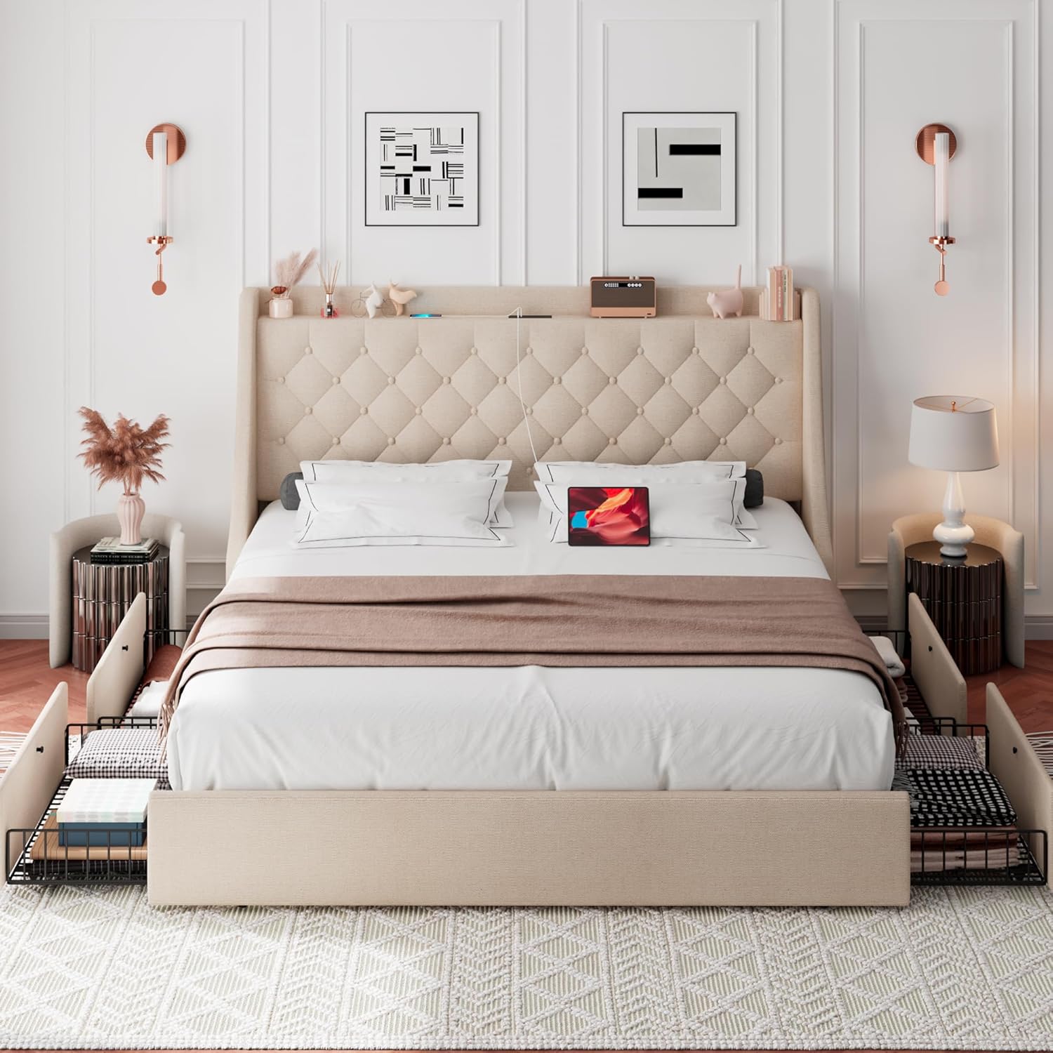 iPormis Queen Bed Frame with 4 Storage Drawers, Upholstered Platform Bed Frame with Type-C & USB Ports, Wingback Storage Headboard, Solid Wood Slats, No Box Spring Needed, Beige