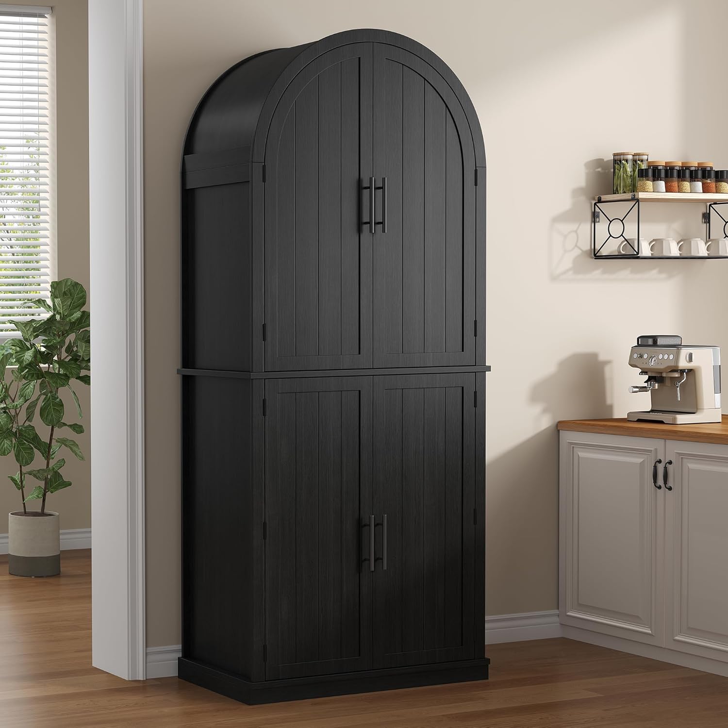 iPormis 71" tall arched cabinet with doors, featuring 6-tier door shelves and a drawer in a farmhouse kitchen setting.