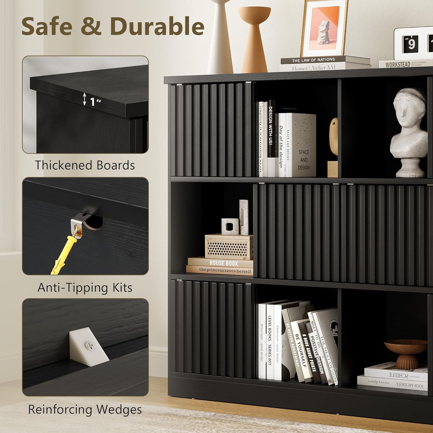 iPormis Bookcase 12 Cube Storage Organizer - 6 Fluted Sliding Doors, 3-Tier Wooden Bookshelf, 47.2” Freestanding Bookcase Shelf for Home/Office, Semi-Open Bookshelves, Black
