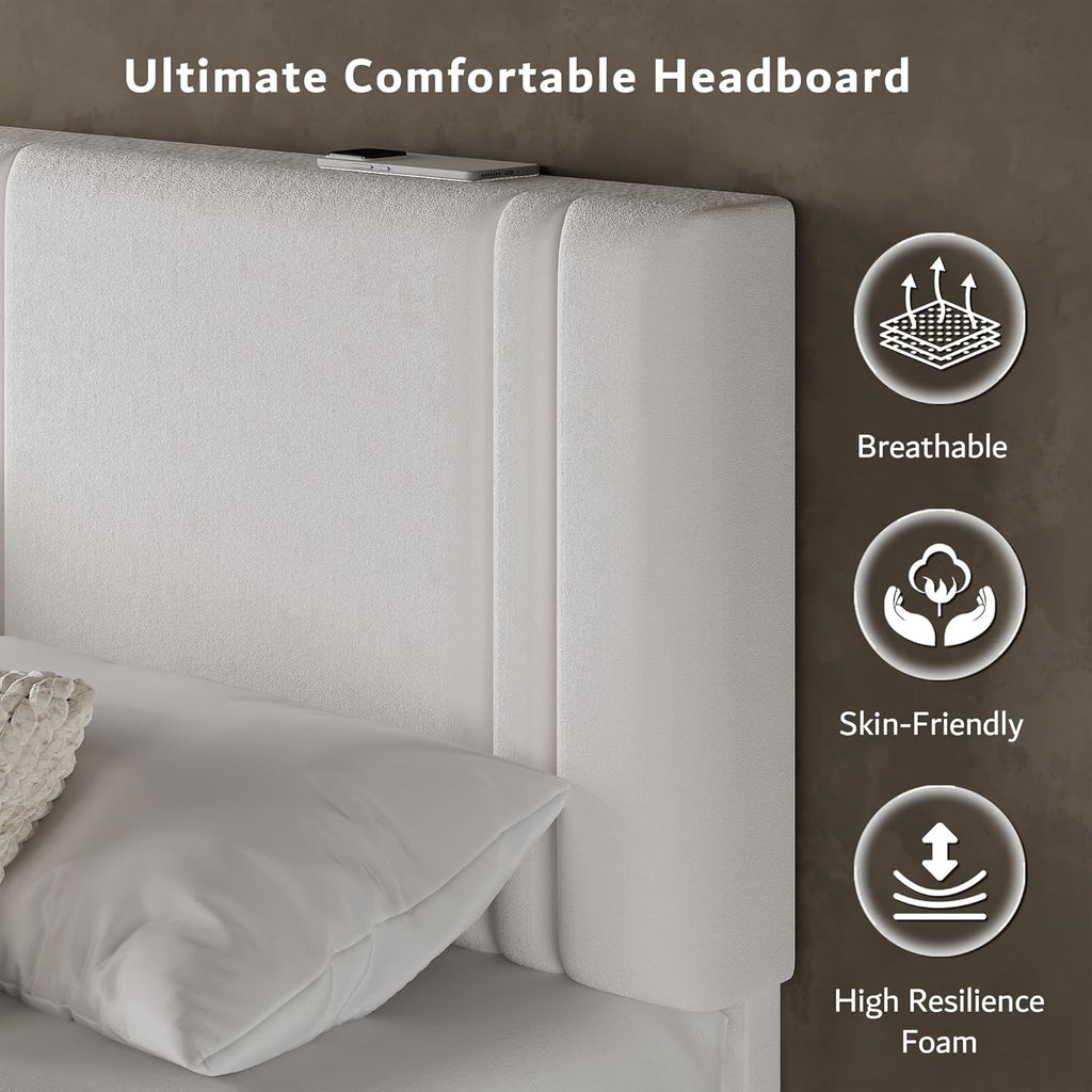 iPormis Queen Platform Bed Frame with Velvet Upholstered Headboard & Thickened Legs, Mattress Foundation with Solid Wooden Slats Support, No Box Spring Needed, Noise Free, White