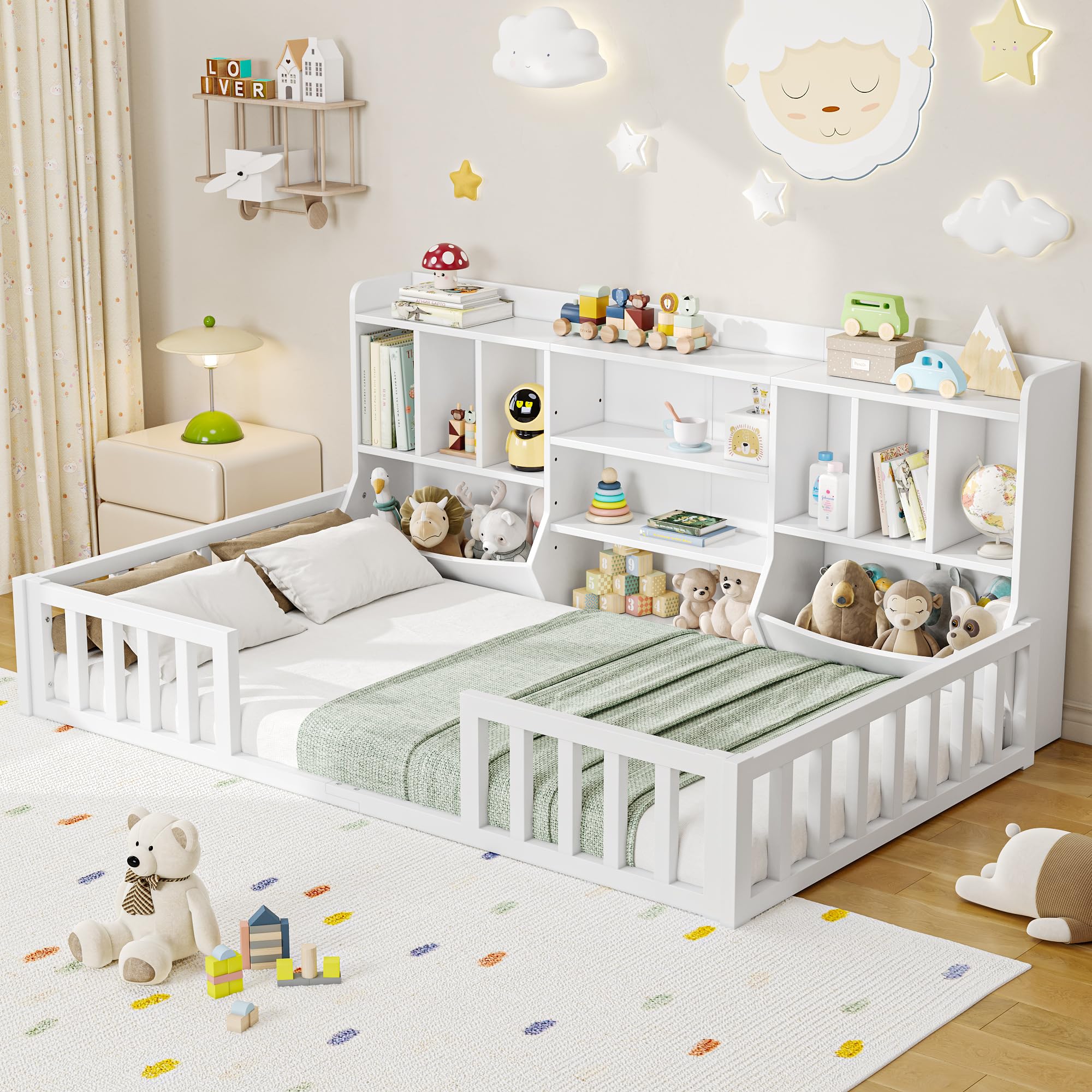 iPormis Twin Floor Bed with High Rails, Montessori Bed Frame with Wood Slats and Door, Montessori Floor Bed Twin for Kids, Girls, Boys, Easy Assembly, Natural
