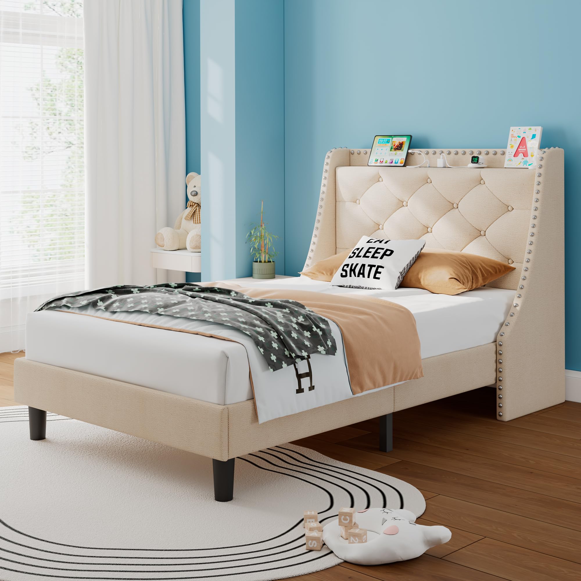 iPormis Queen Bed Frame with 16" Comfort Wingback & Charging Station, Upholstered Platform Bed with Button Tufted Storage Headboard, Solid Wood Slats Support, No Box Spring Needed, Dark Grey