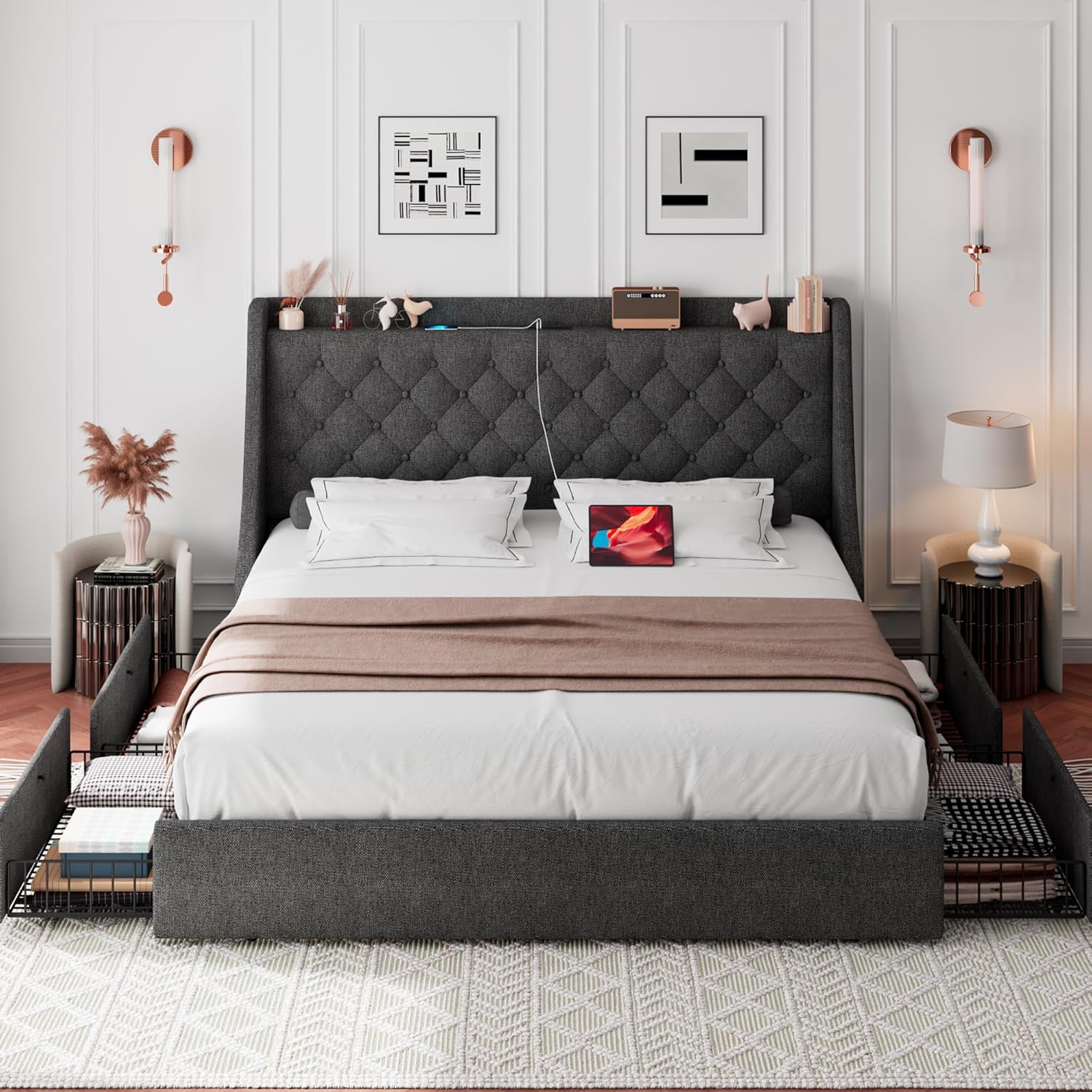 iPormis Queen Bed Frame with 4 Storage Drawers, Upholstered Platform Bed Frame with Type-C & USB Ports, Wingback Storage Headboard, Solid Wood Slats, No Box Spring Needed, Dark Gray