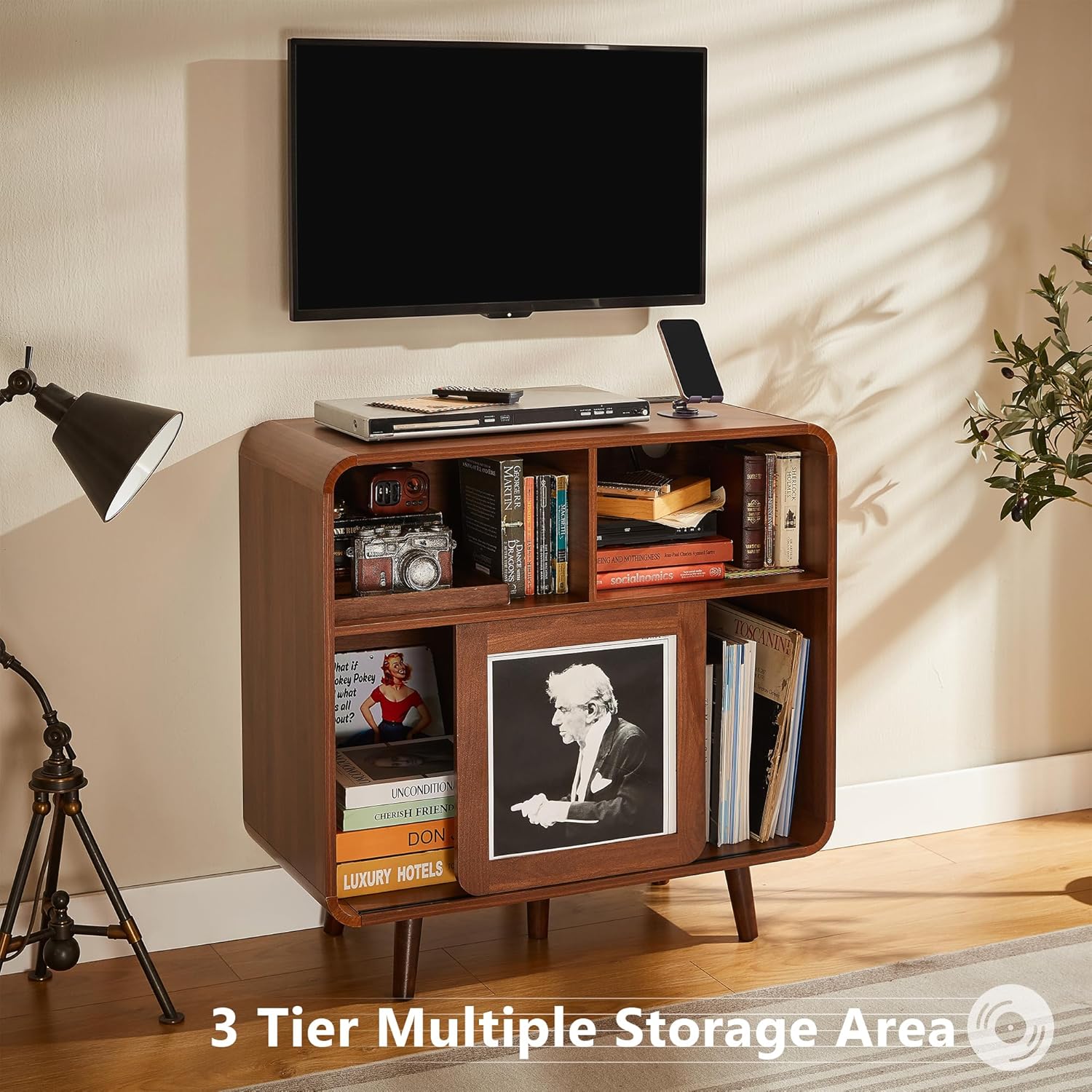 iPormis 31.5" Record Player Stand with Vinyl Storage, Mid Century Record Storage Cabinet with Charging Station, Media Cabinet with Sliding Doors, Turntable Stand for Living Room, Music Corner, Walnut