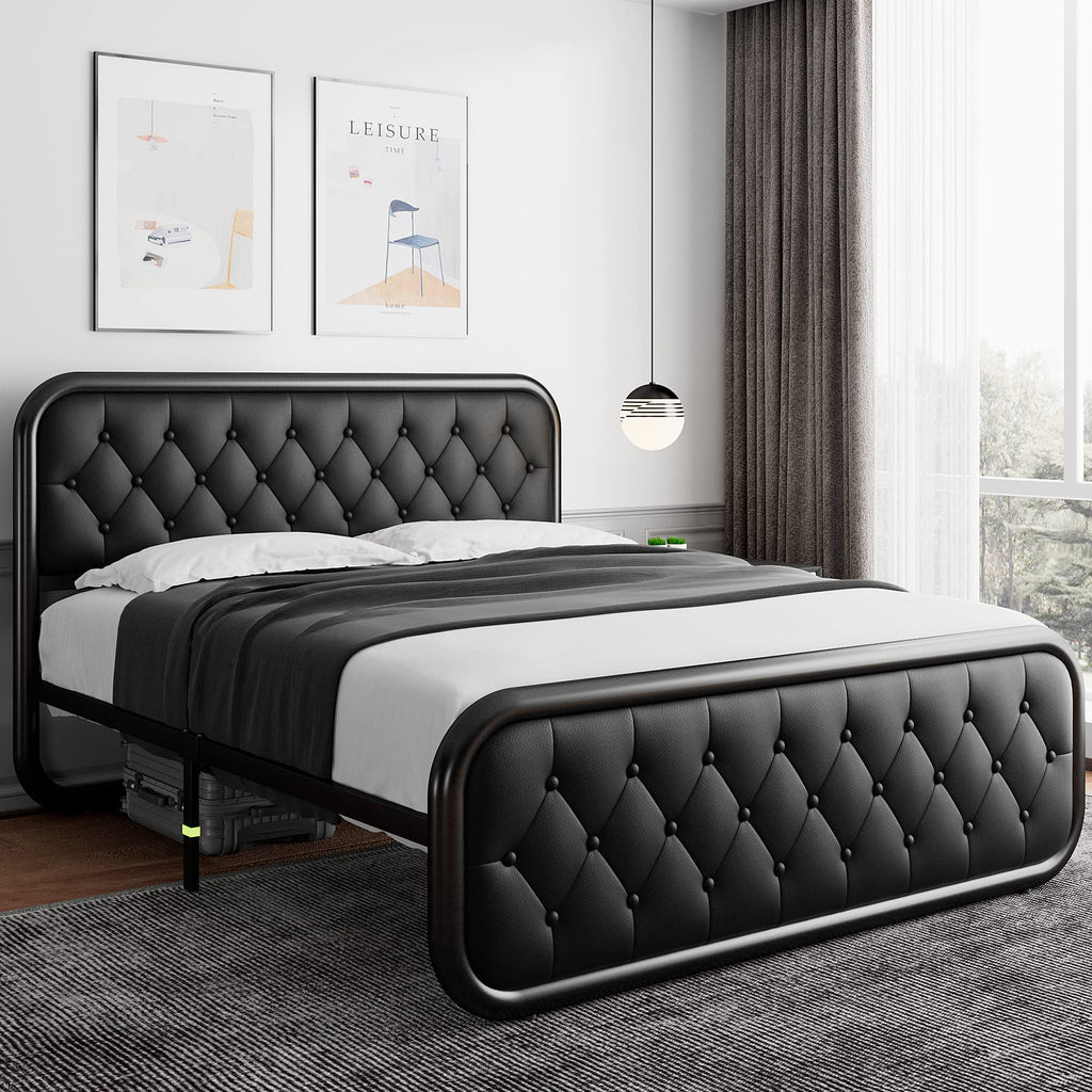 iPormis Queen Size Metal Bed Frame with Leather Headboard, Heavy-Duty Platform Bed Frame, Thicker Metal Steel Slats Support, 12'' Under-Bed Space, Noise-Free, Easy Assembly, Black