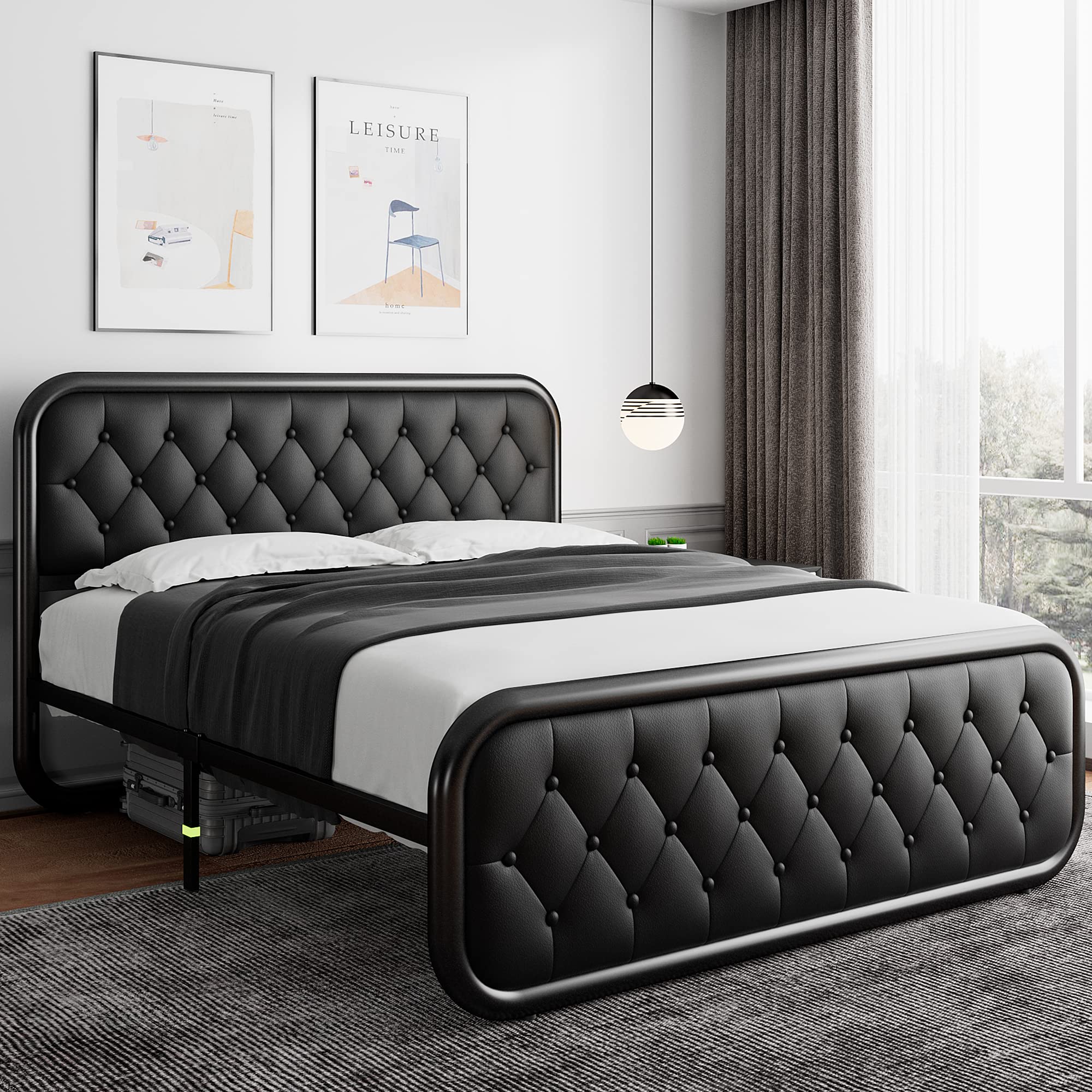 iPormis Queen Size Metal Bed Frame with Leather Headboard, Heavy-Duty Platform Bed Frame, Thicker Metal Steel Slats Support, 12'' Under-Bed Space, Noise-Free, Easy Assembly, Black