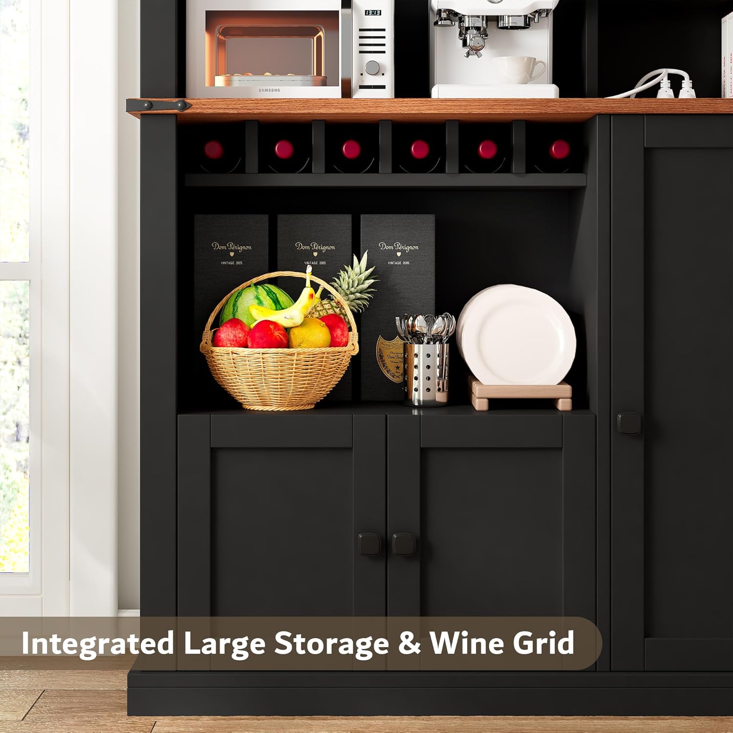 71" Tall Kitchen Pantry Storage Cabinet with Microwave Stand and Wine Rack, Farmhouse Kitchen Hutch with Adjustable Shelves and Glass Door, Coffee Bar Hutch with Charge Station and Countertop, Black
