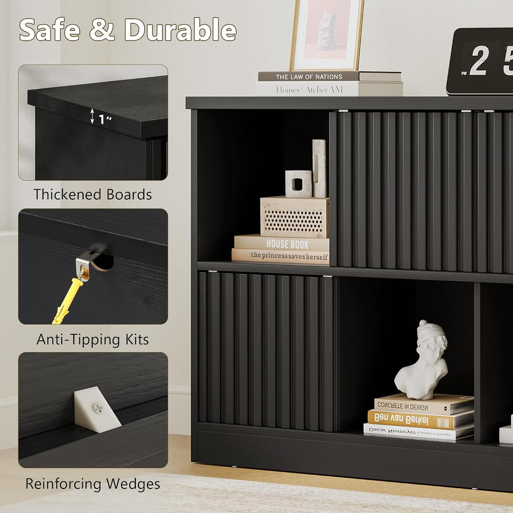 iPormis 8 Cube Bookshelf with Sliding Doors, Wooden Bookcase Storage Cabinet, Freestanding Cube Shelf Organizer for Books Decor in Living Room Bedroom Office, Black