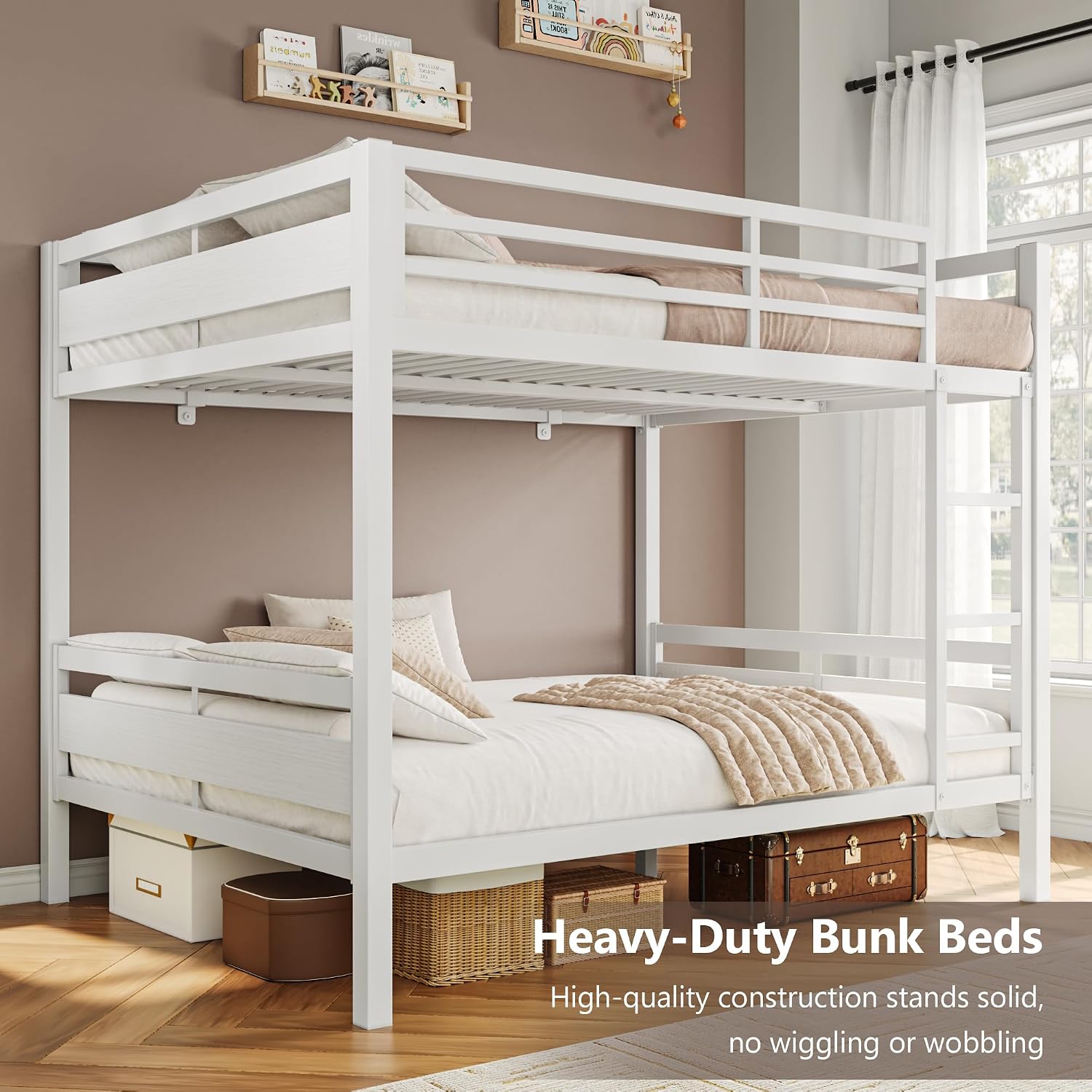 iPormis Metal Bunk Bed Full Over Full, Heavy Duty Bunk with High Guardrail and Safety Entrance Design, Under-Bed Storage Space, Easy Assembly, Noise Free, White