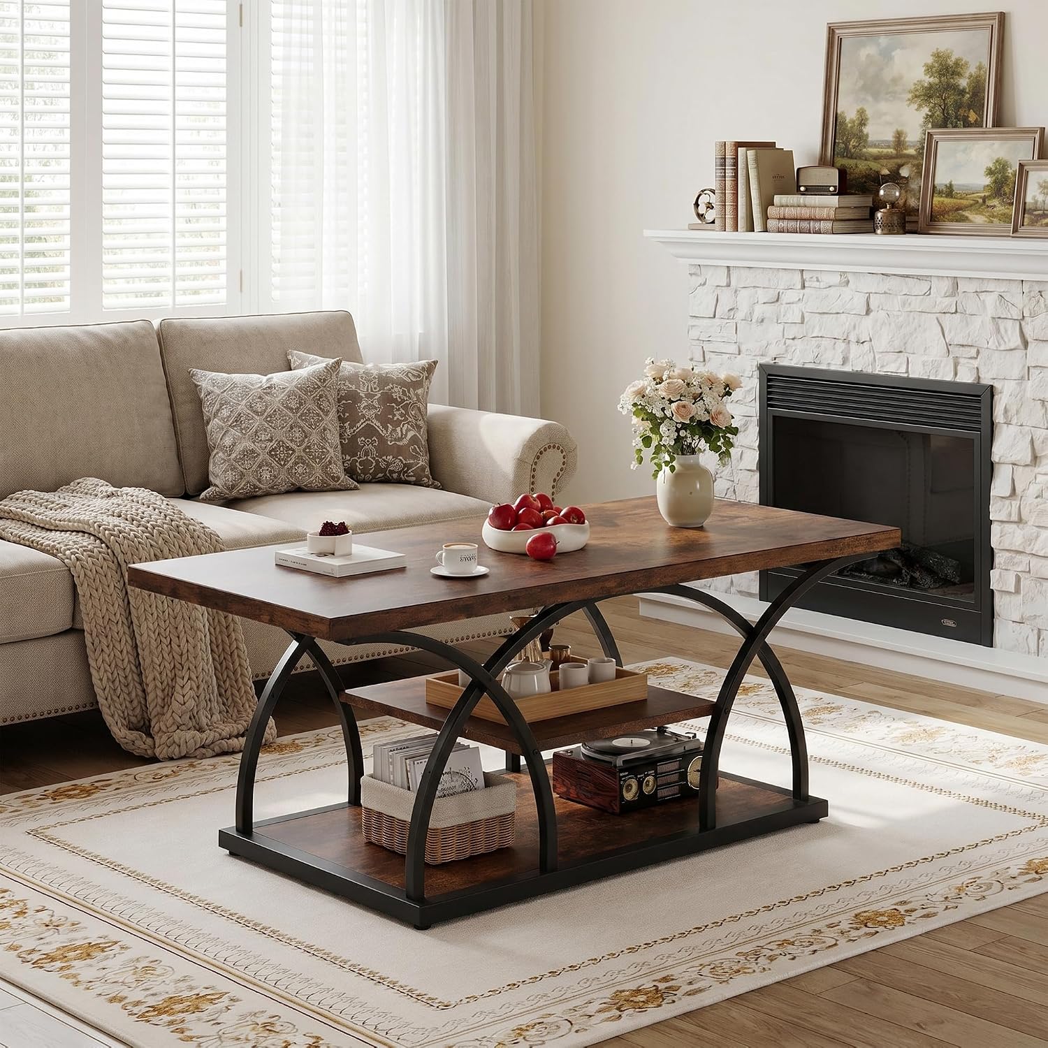 iPormis Rustic Coffee Table with Storage, 3 Tier Center Living Room Tables, 47 Inches Industrial Wood Rectangle Cocktail Tea Accent Table, Semicircle Metal Frame, Brown
