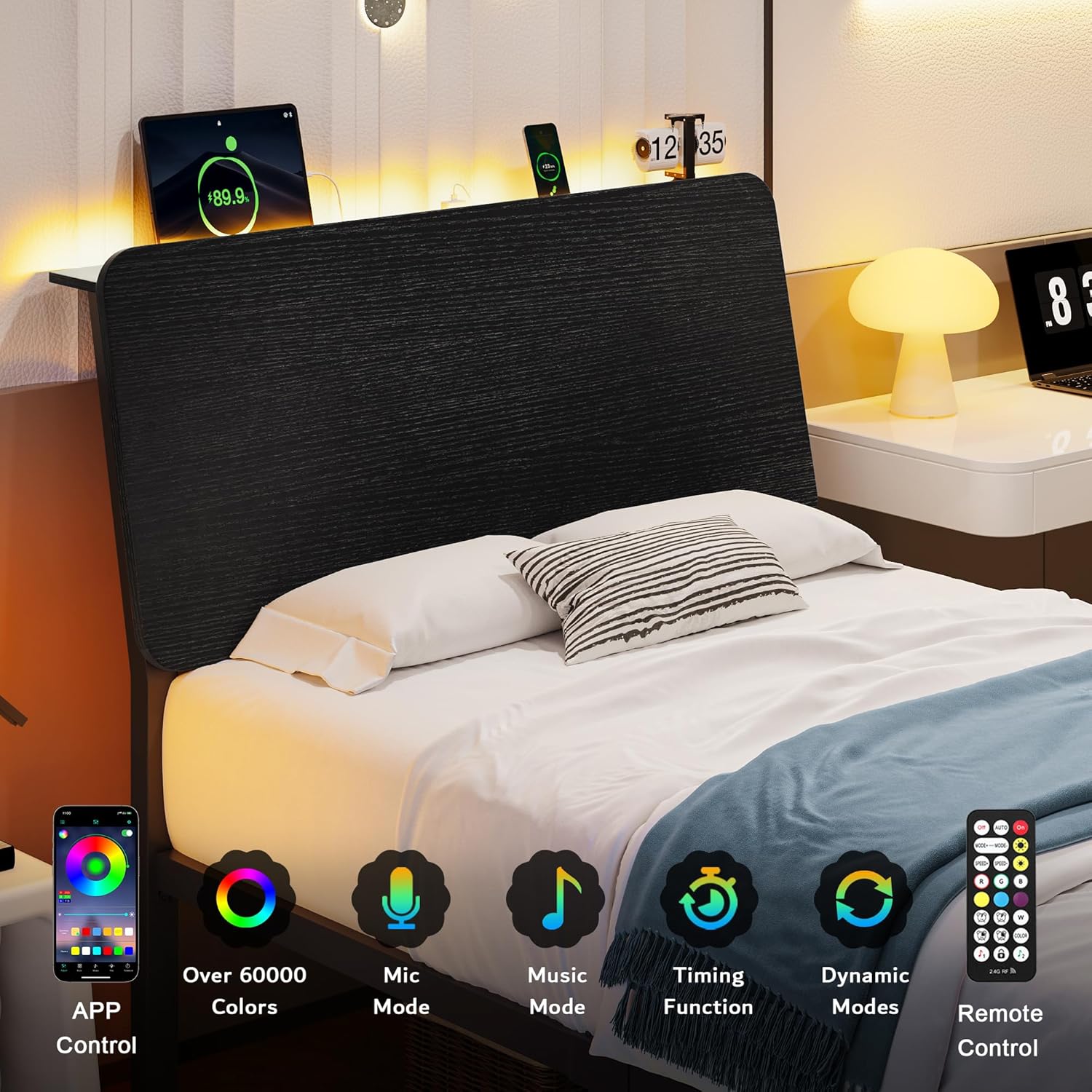 iPormis Metal Twin Bed with Ergonomic Wooden Headboard, Platform Beds with LED Lights and Charging Station, Sturdy Steel Slats Supports, No Box Spring Needed, Noise-Free, Easy Assembly, Black